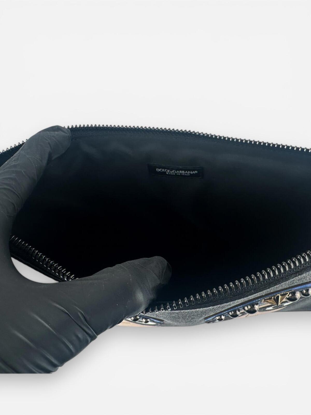 Dolce & Gabbana #DGFamily Black Calfskin Zip Pouch Face Appliqué Studs NWT