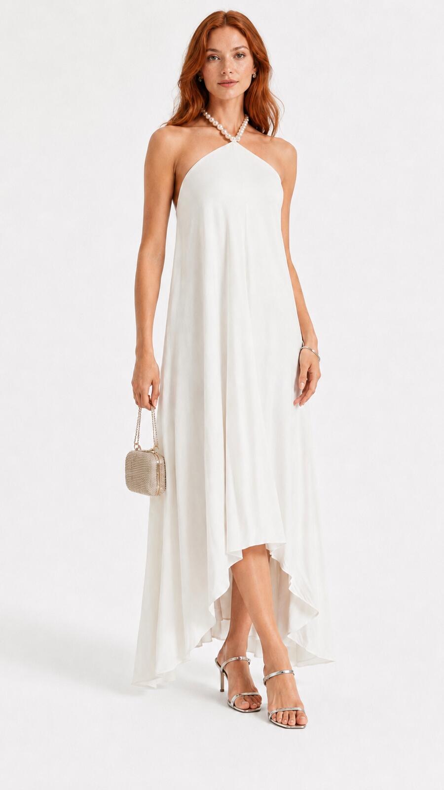 Retrofête Maryam Pearl Embellished Halter Maxi Dress White Size M | NWT