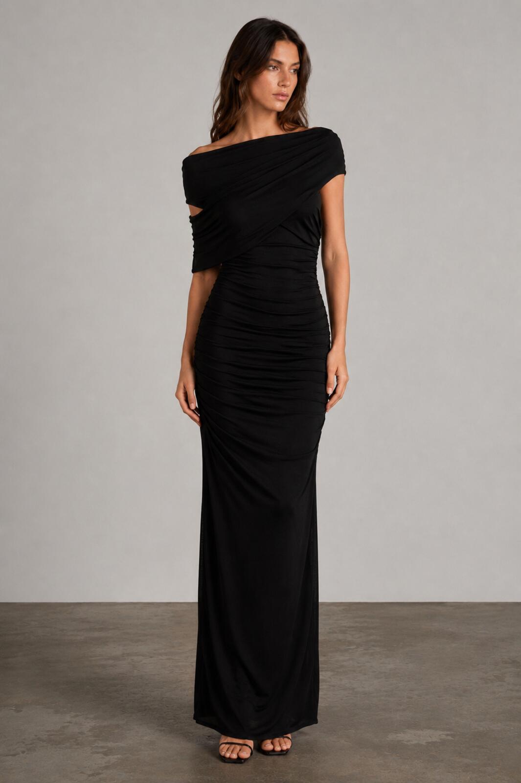 Blumarine Black Ruched Off-Shoulder Maxi Dress IT 42 US 6 | NWT