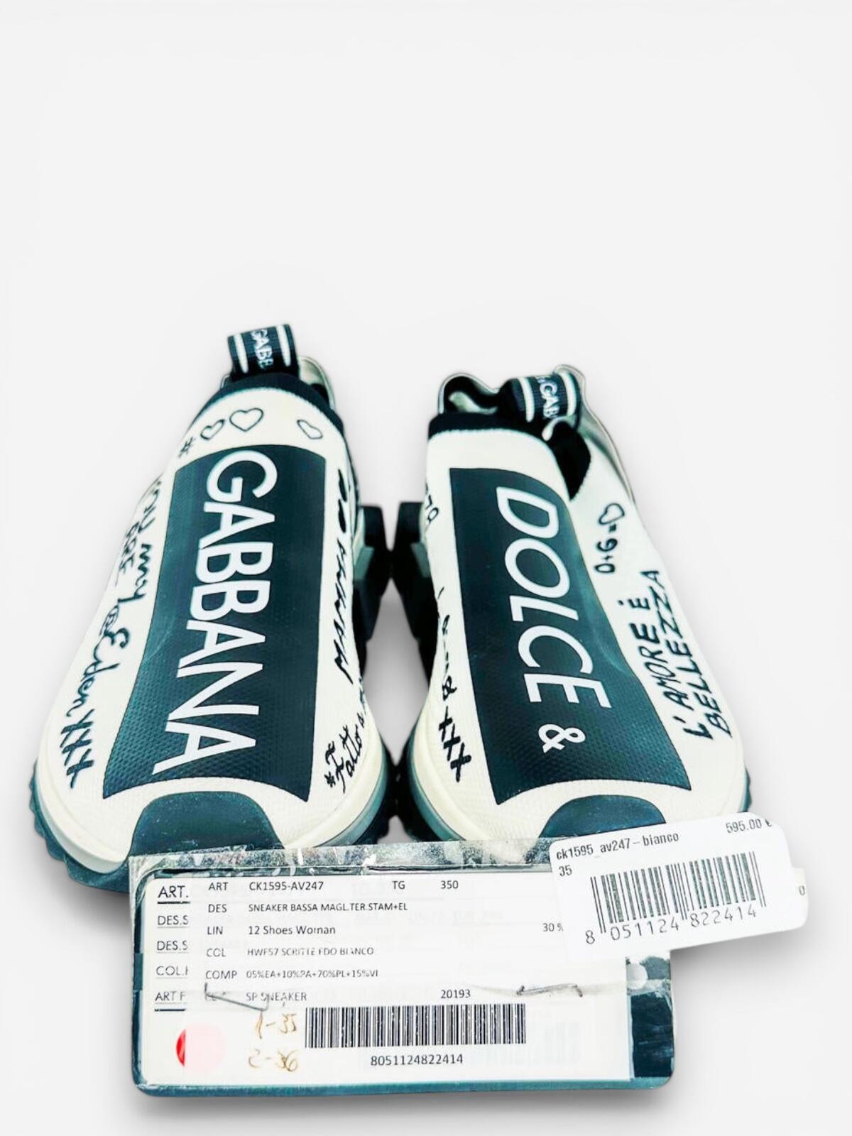 Dolce & Gabbana Sorrento Graffiti Slip-On Sneaker White Black EU 35 US 5 | NWT