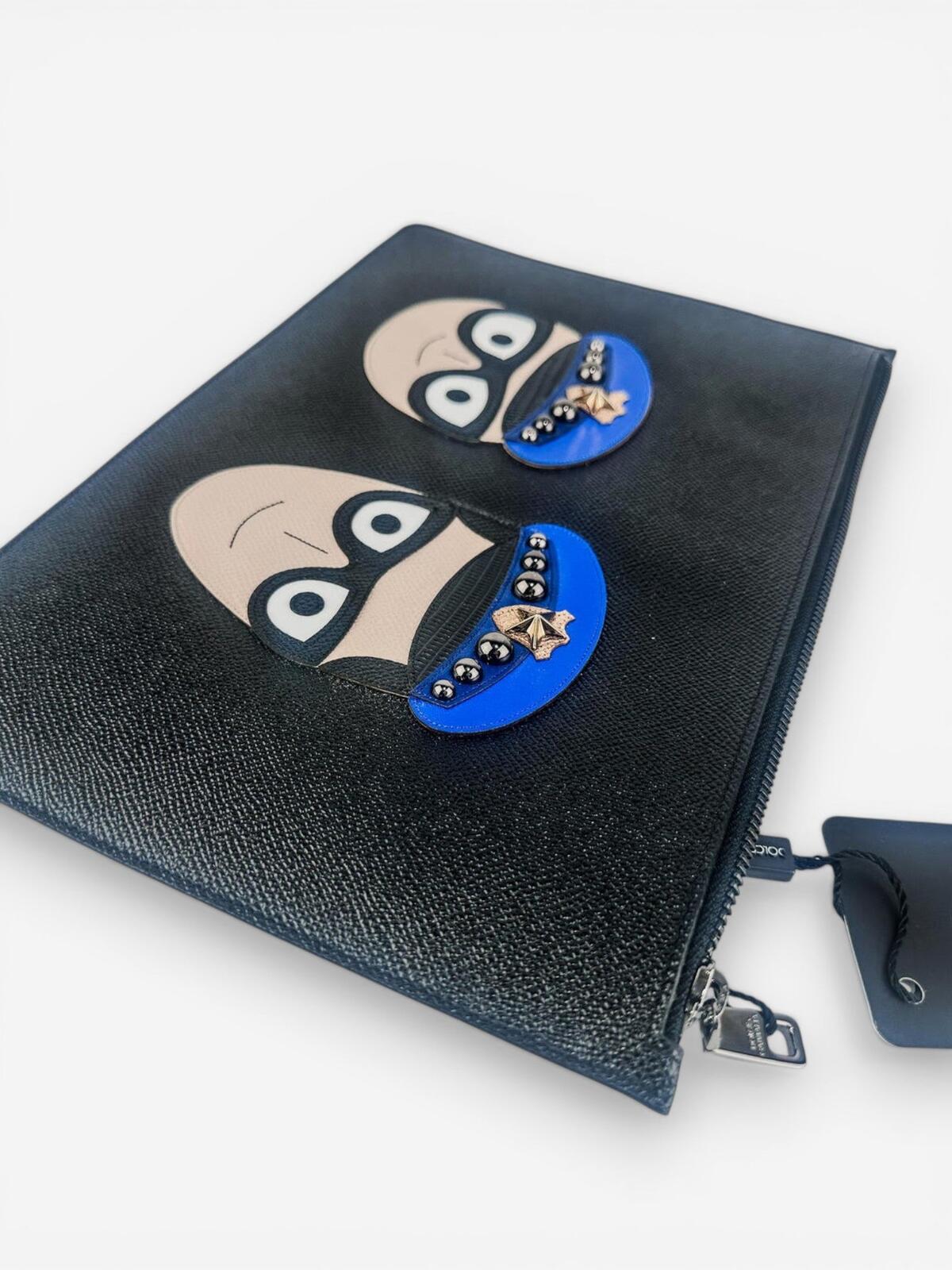 Dolce & Gabbana #DGFamily Black Calfskin Zip Pouch Face Appliqué Studs NWT