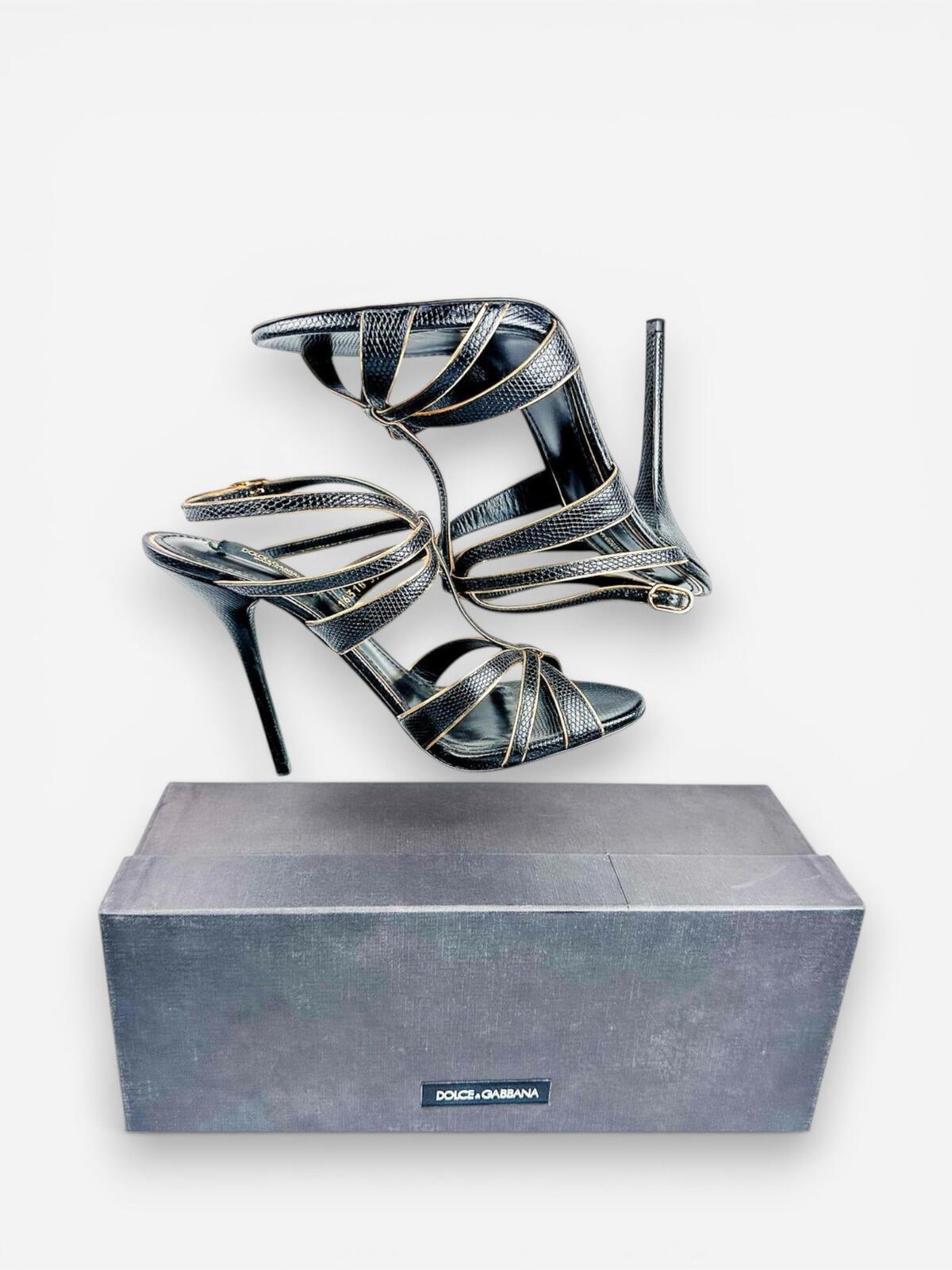 Dolce & Gabbana Black Gold Embossed Calfskin Ankle Strap Stiletto EU 39 | NWT