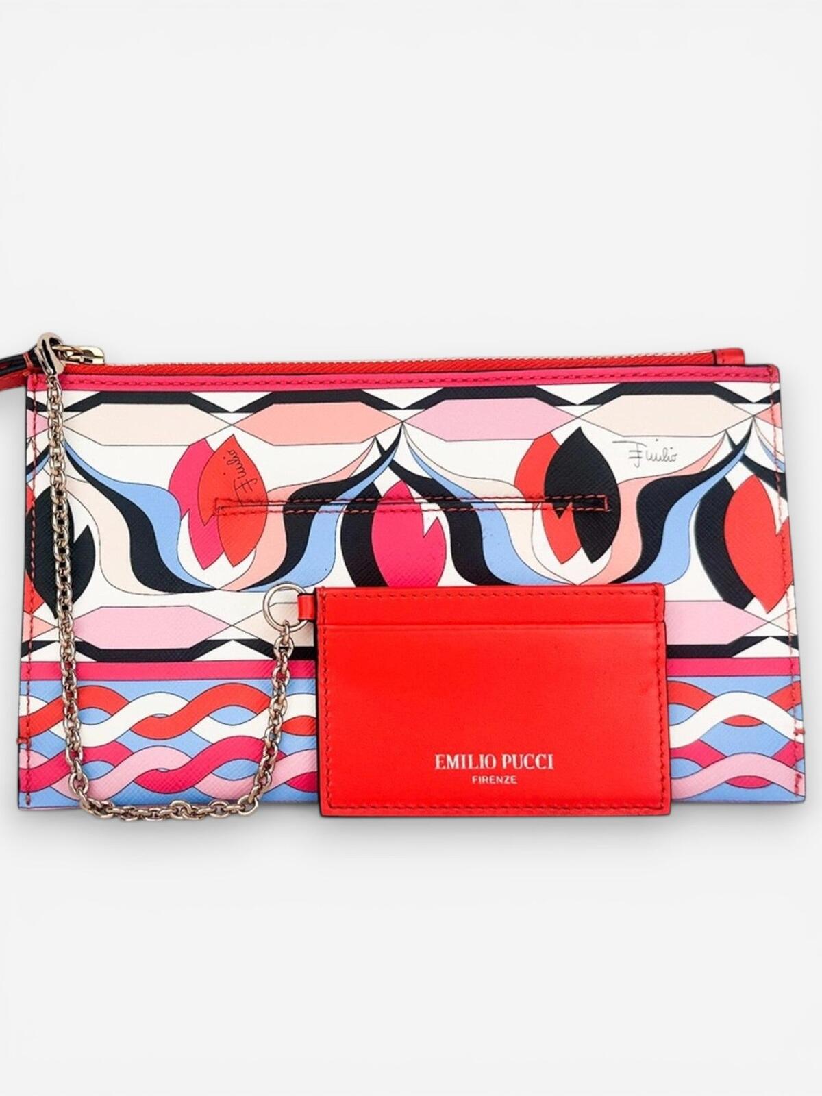 Pucci Iconic Geometric Print Leather Wristlet Pouch Chain Card Holder New
