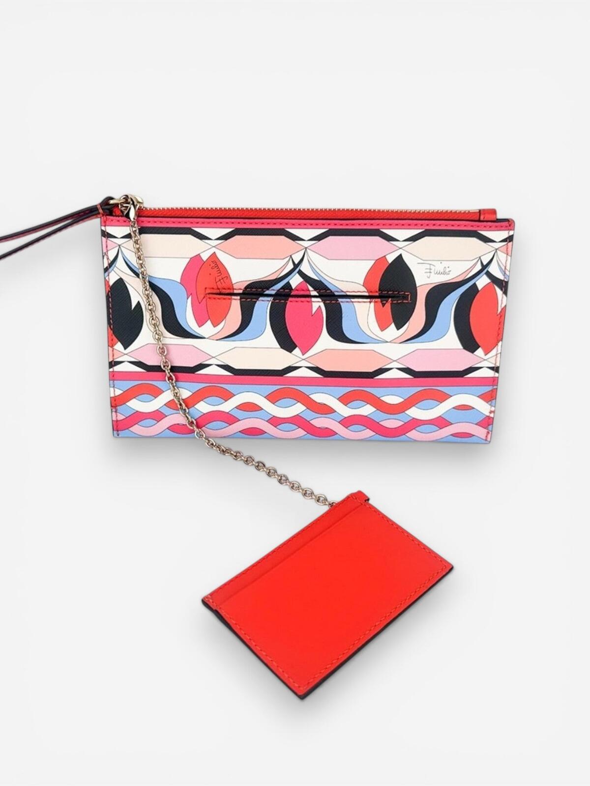 Pucci Iconic Geometric Print Leather Wristlet Pouch Chain Card Holder New