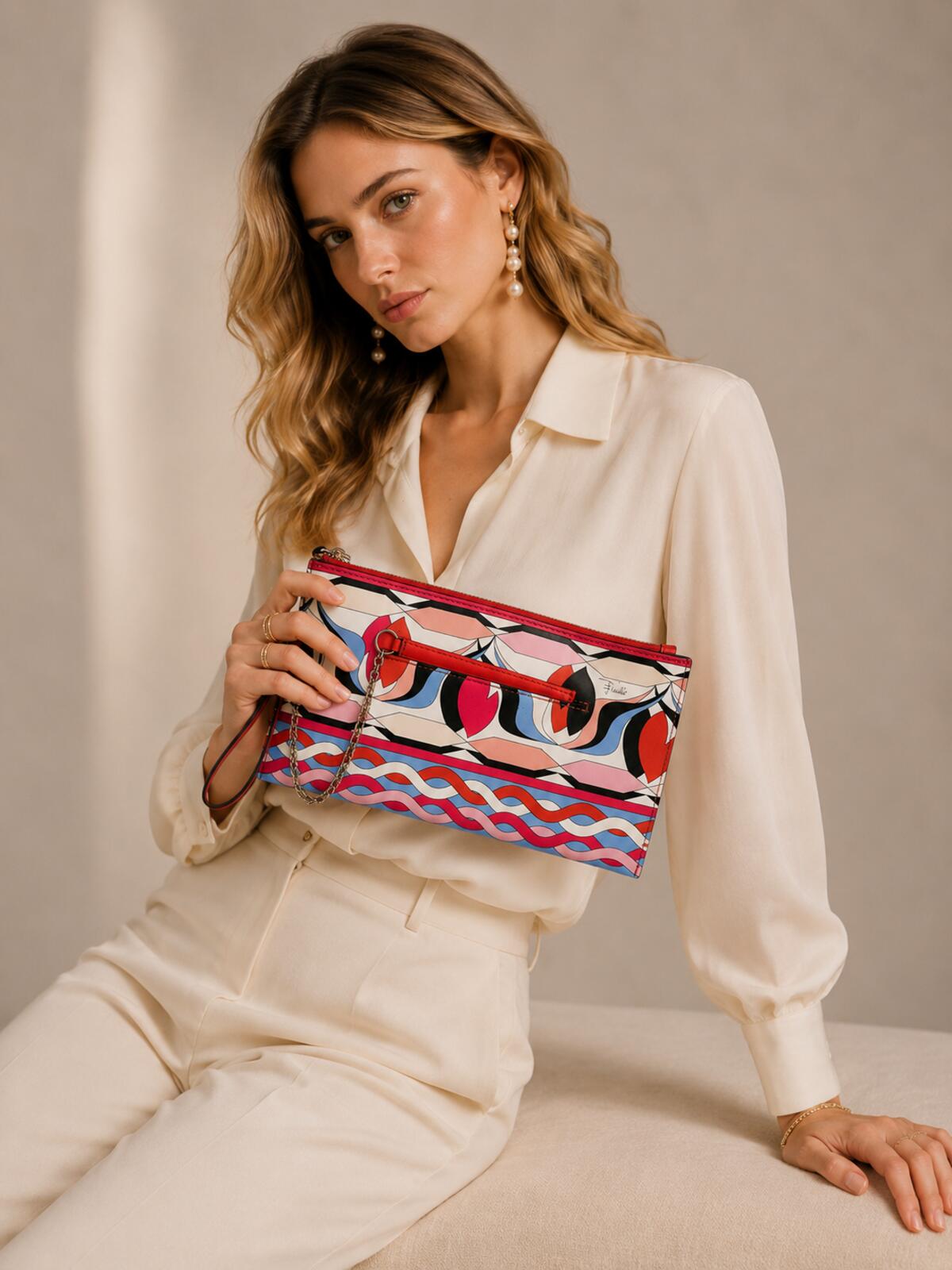 Pucci Iconic Geometric Print Leather Wristlet Pouch Chain Card Holder New