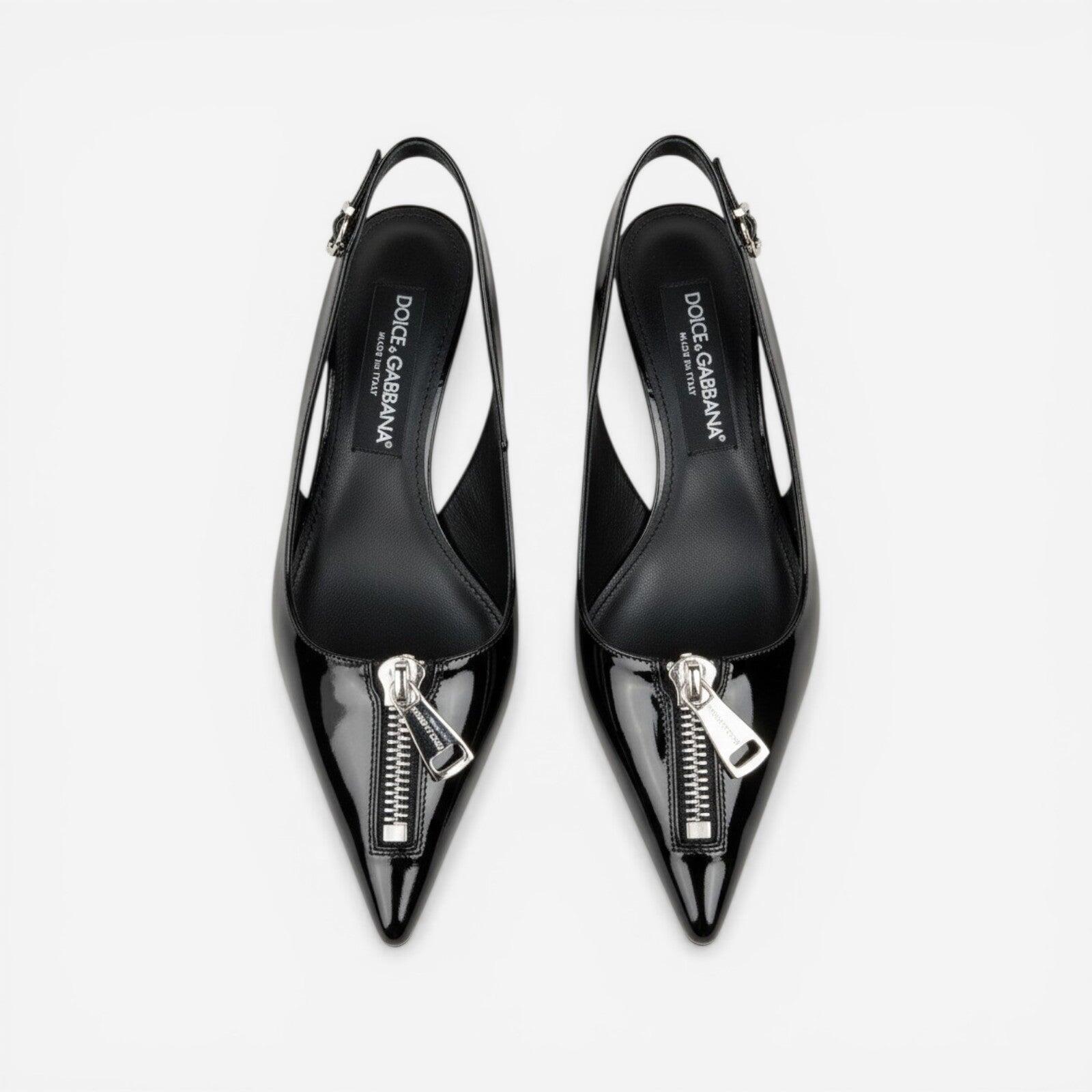 Dolce & Gabbana Black Patent Slingback Pumps Zip Detail EU 39 | NIB