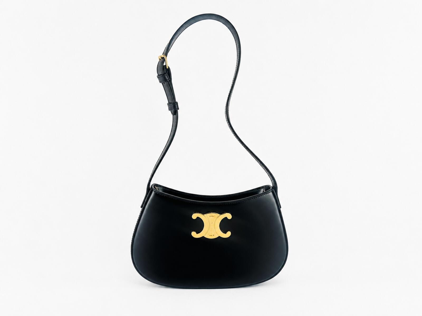Celine Medium Tilly Shoulder Bag Black Shiny Calfskin Triomphe | New