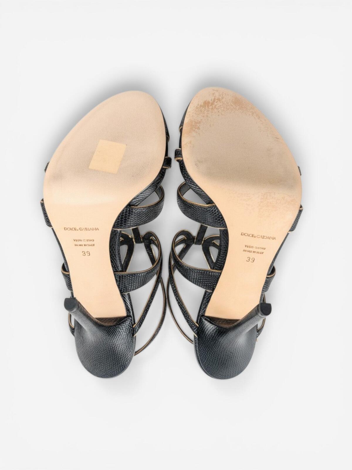 Dolce & Gabbana Black Gold Embossed Calfskin Ankle Strap Stiletto EU 39 | NWT