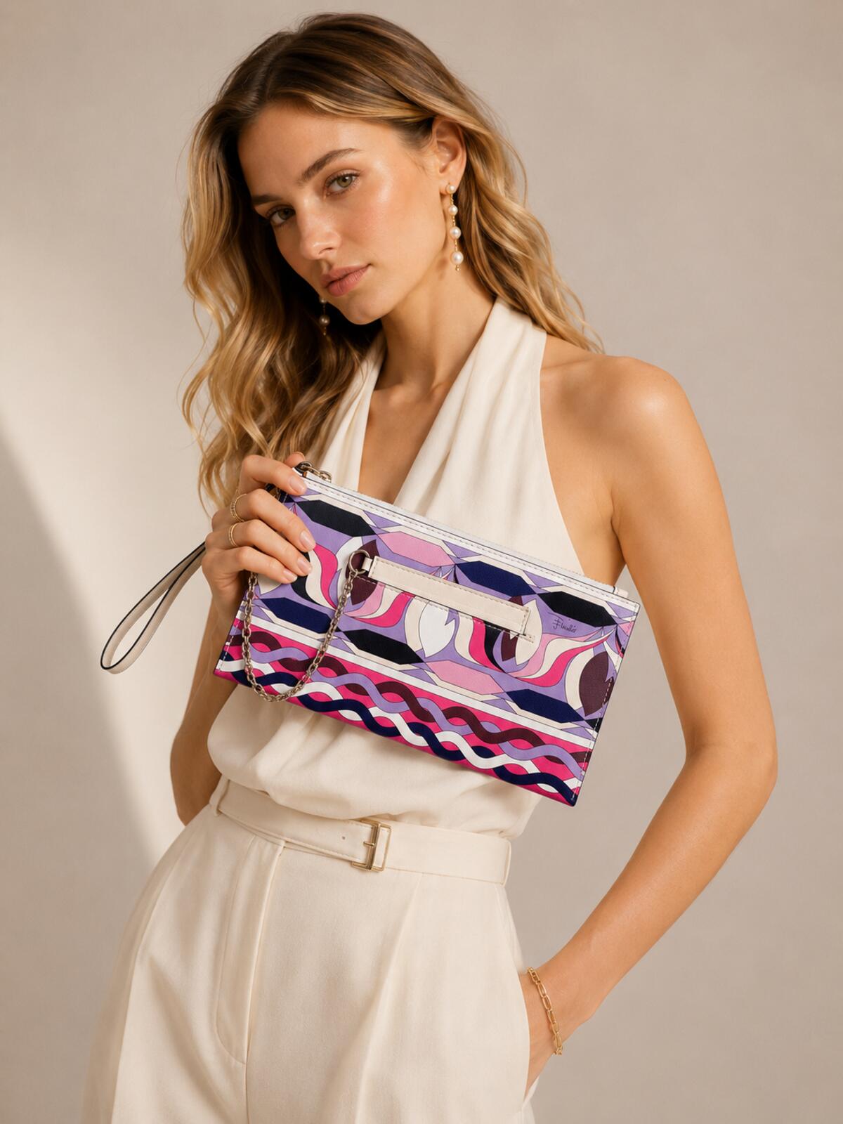 Pucci Geometric Print Leather Wristlet Clutch Pink Purple | Card Holder New
