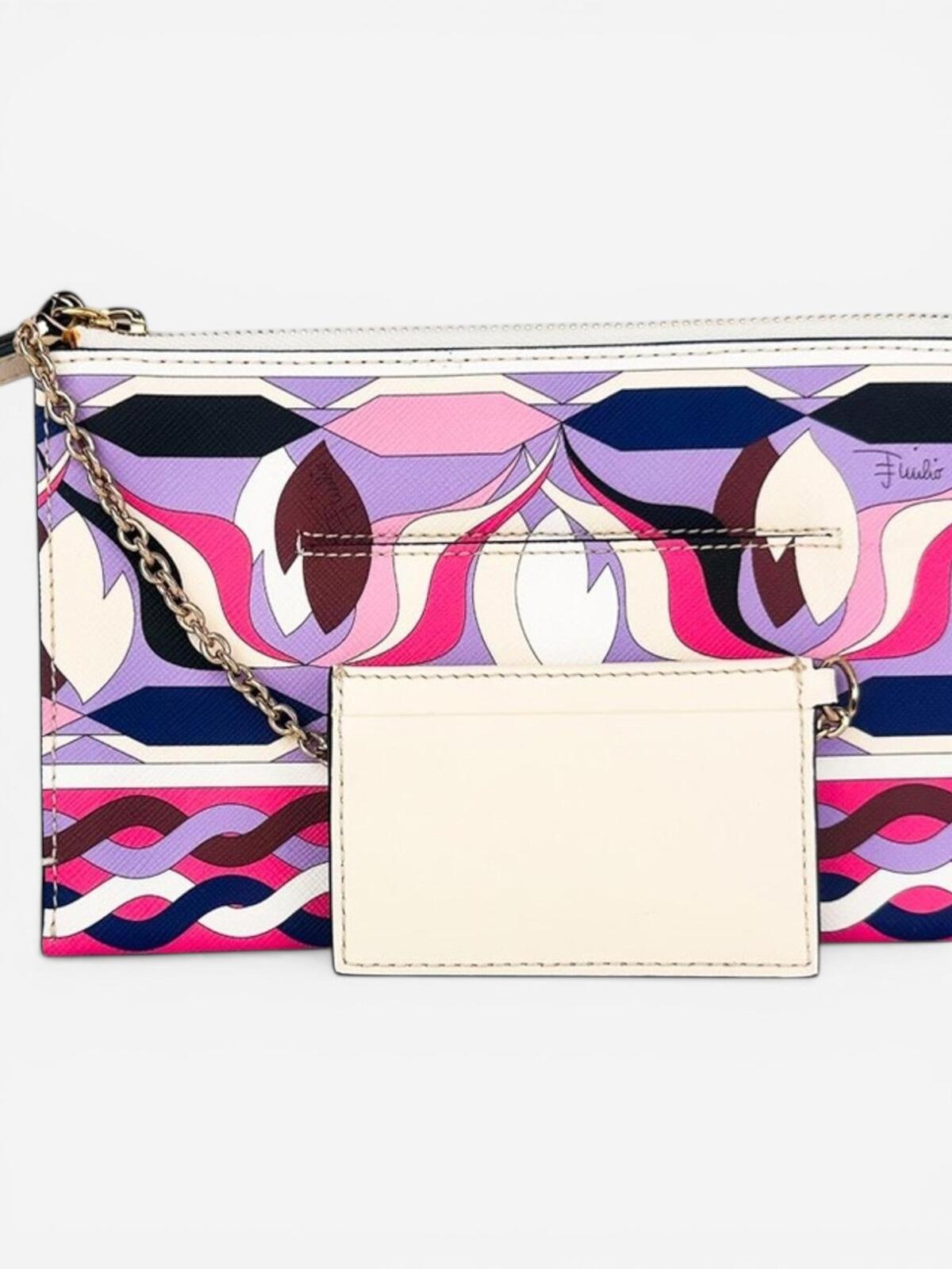 Pucci Geometric Print Leather Wristlet Clutch Pink Purple | Card Holder New