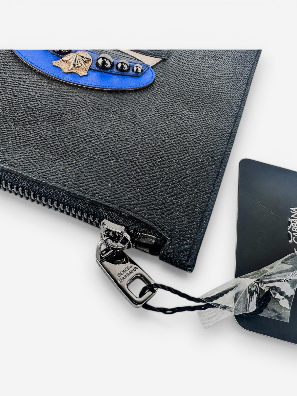 Dolce & Gabbana #DGFamily Black Calfskin Zip Pouch Face Appliqué Studs NWT