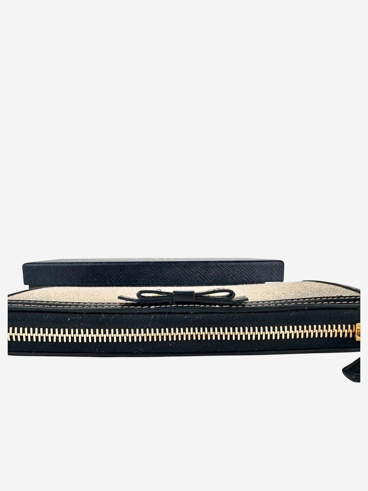 Prada Logo Jacquard Canvas Leather Zip-Around Wallet Beige Black | NWT