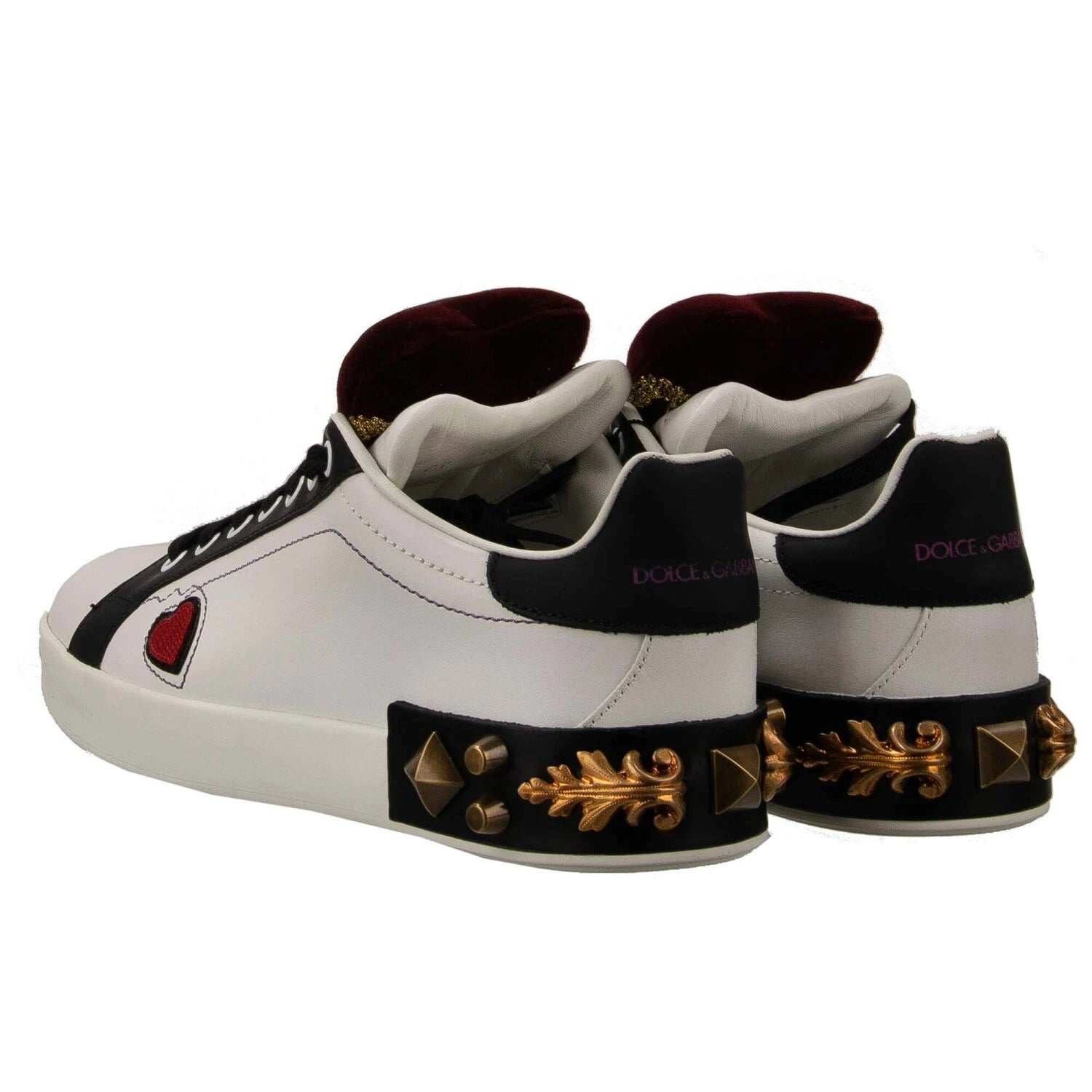 White Leather Heart And Stud Embellished Portofino Sneakers