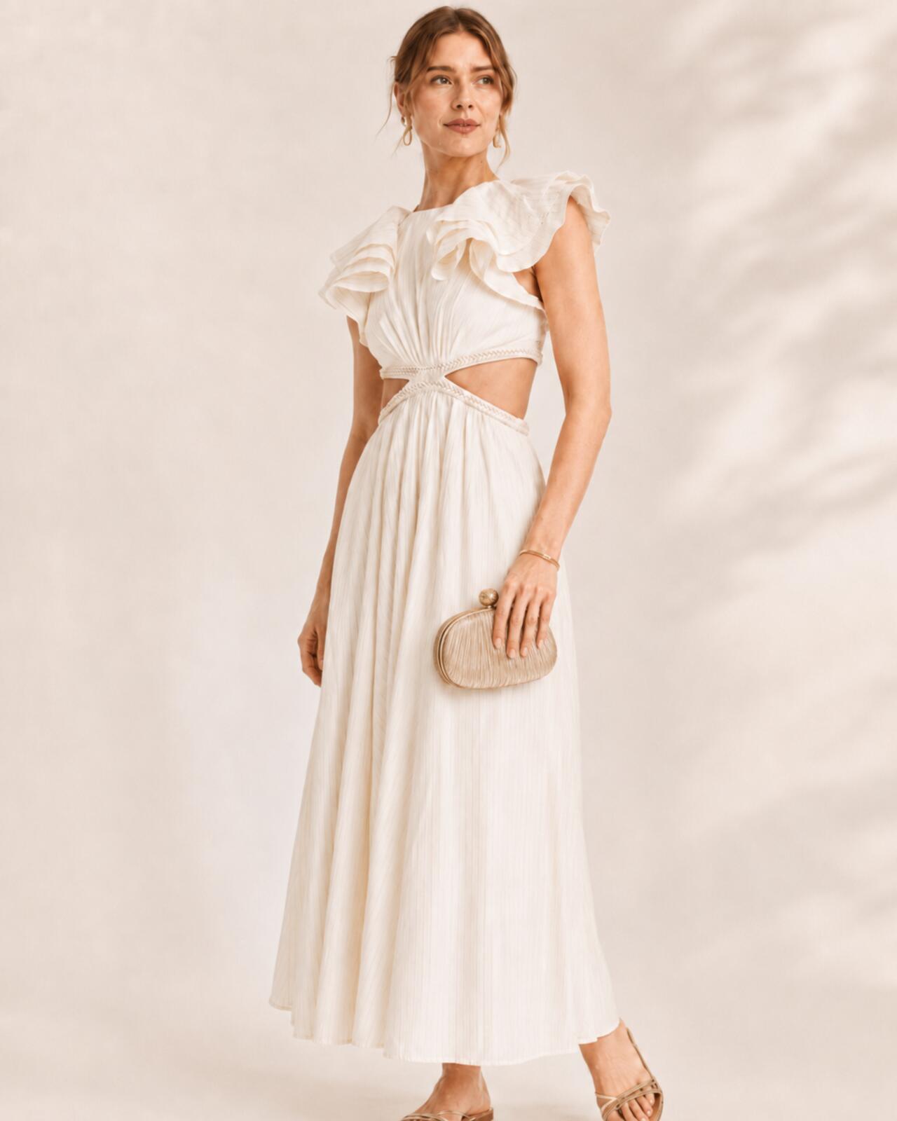 Zimmermann Anneke Cut Out Ruffle Maxi Dress Ivory Metallic Size 3 US 10 | NWT
