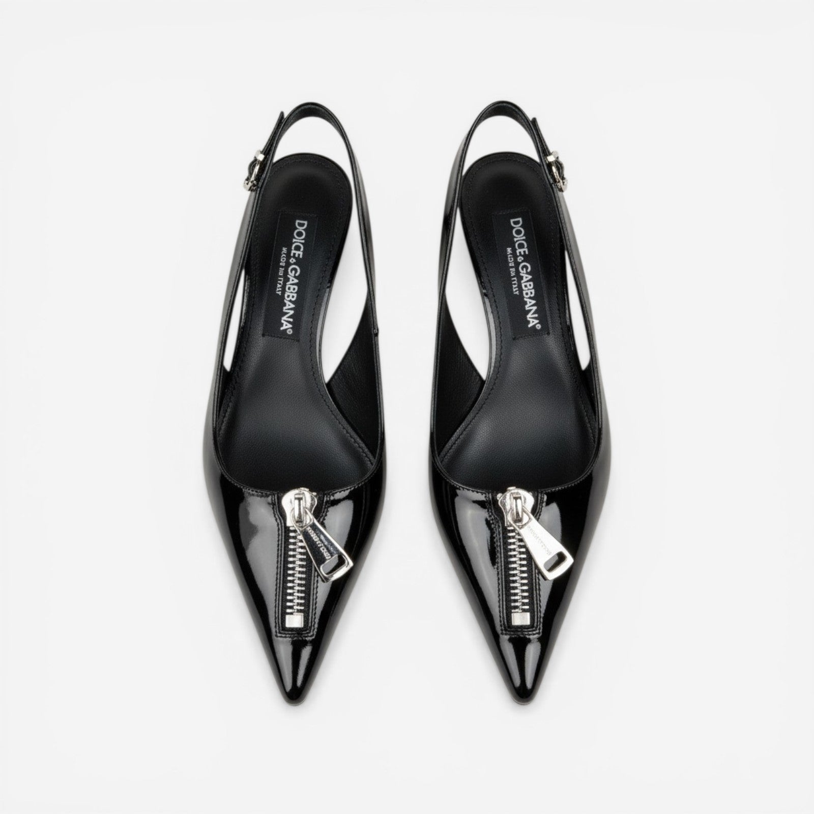 D&G Black Patent Pointed‑Toe Slingback Heels with Zipper – Women’s EU 39 NIB