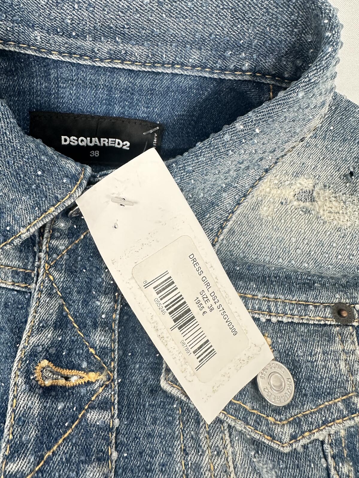 Dsquared2 Crystal Rhinestone Distressed Denim Mini Dress IT 38 EU 38 | NWT