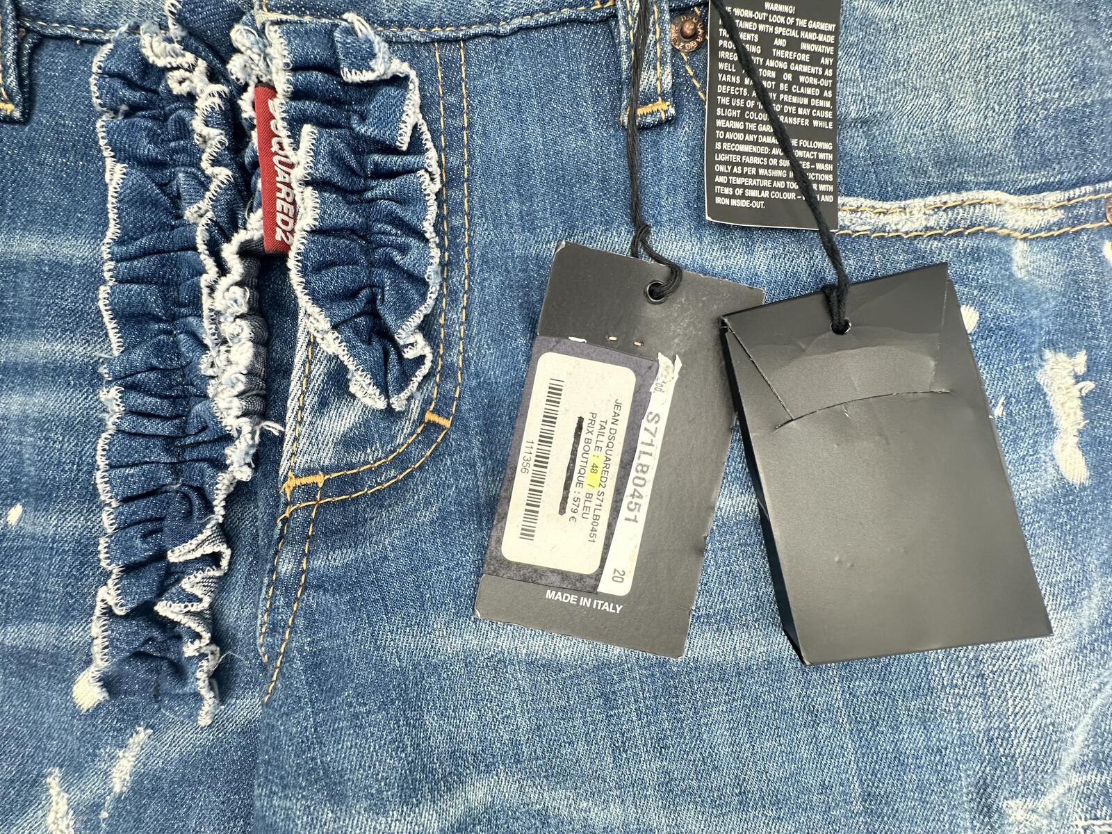 Dsquared2 Slim Jean Distressed Ruffle Fly Denim IT 48 W33 | NWT