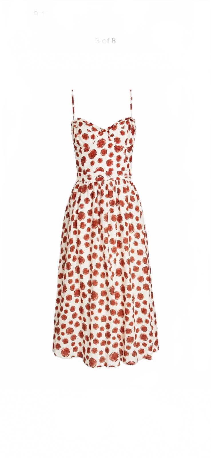 Agua Bendita Acacia Bustier Linen Midi Dress White Red Print Size L | NWT
