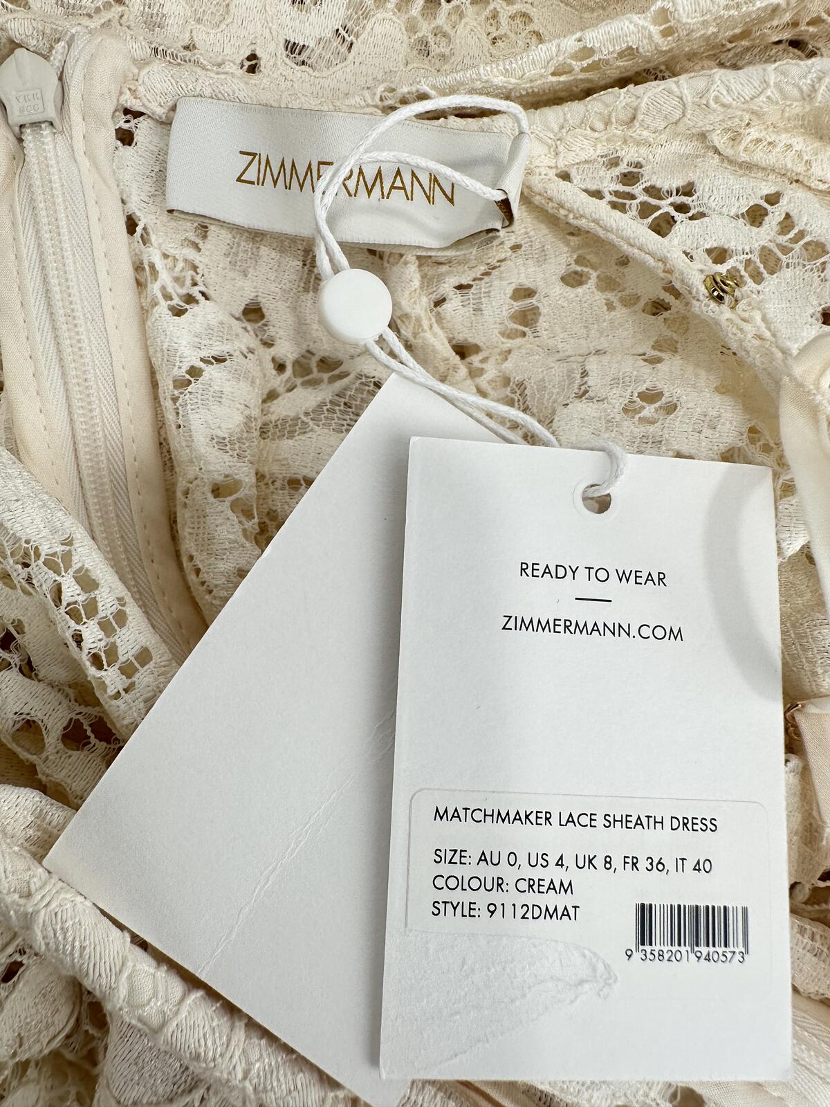 Zimmermann Matchmaker Lace Sheath Dress Cream Long Sleeve Size S US 4 | NWT