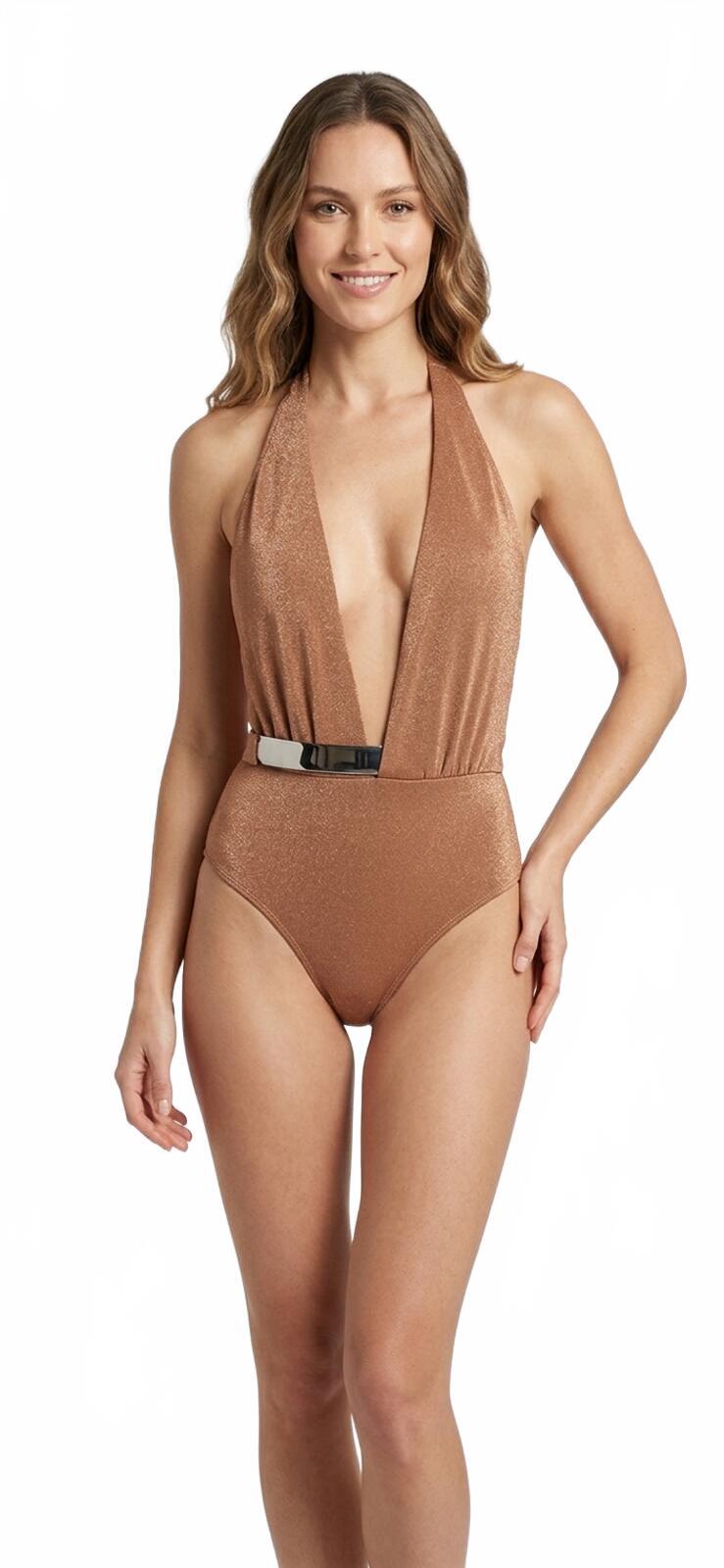 MOEVA Bridget Halterneck One-Piece Swimsuit Metallic Bronze Brown M | NWT