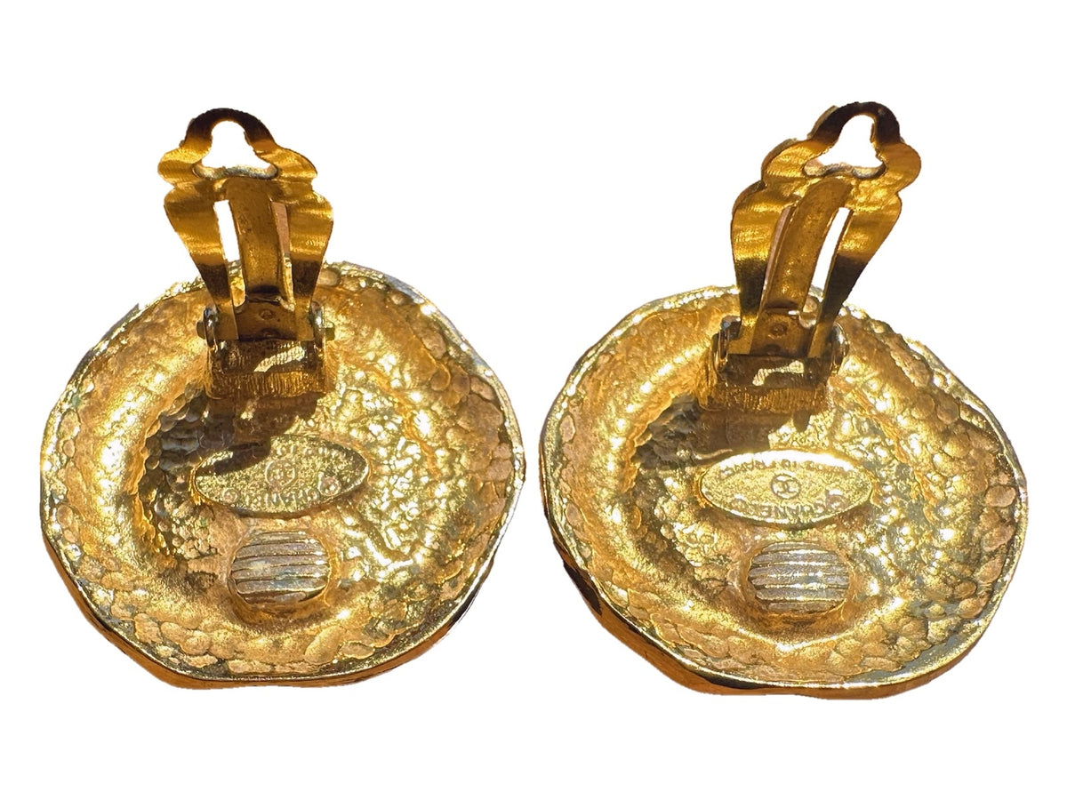 Chanel Vintage Hammered Gold Faux Pearl Clip-On Earrings