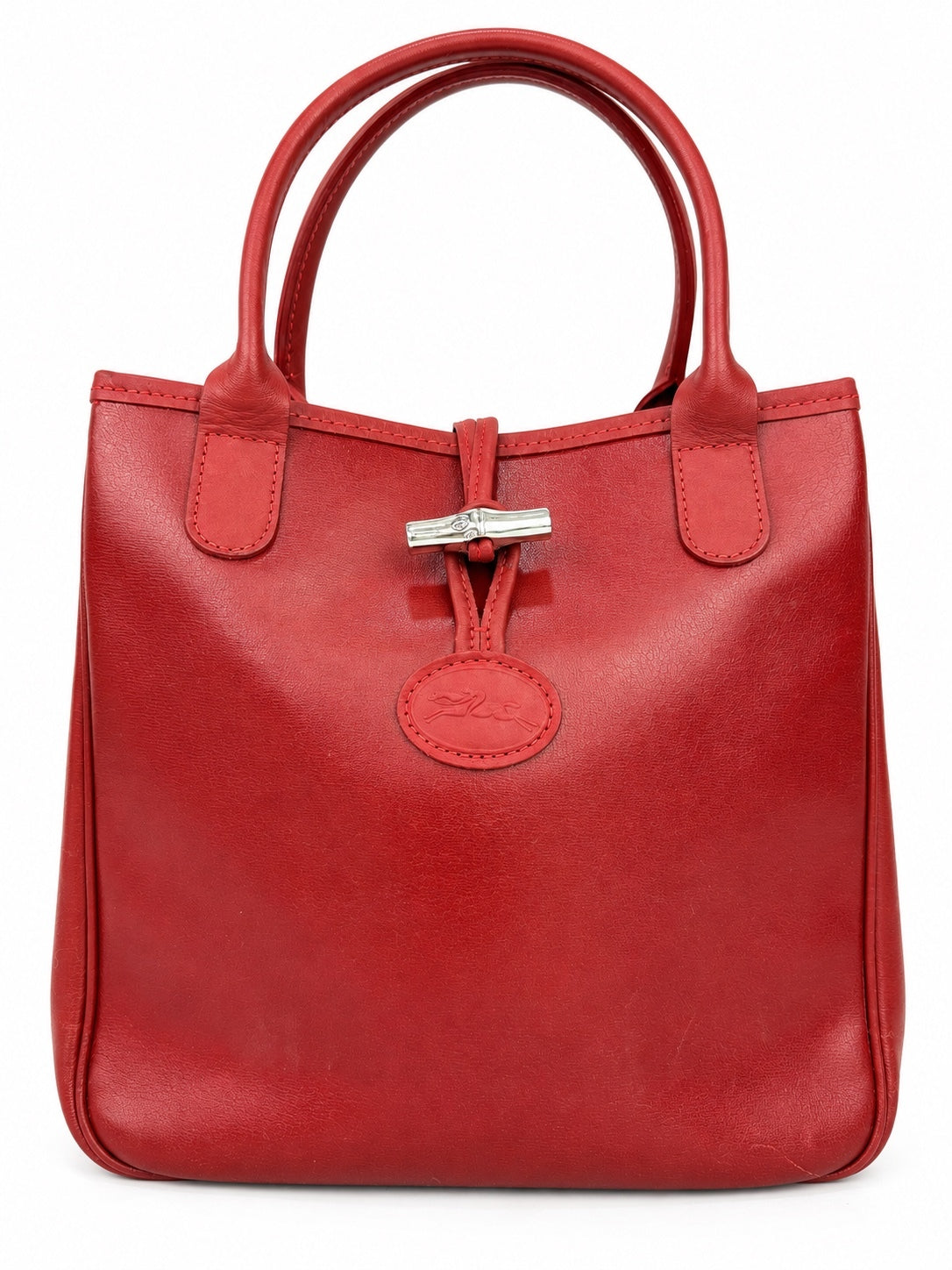 Longchamp Le Roseau Vintage Red Leather Top Handle Tote Bamboo Clasp