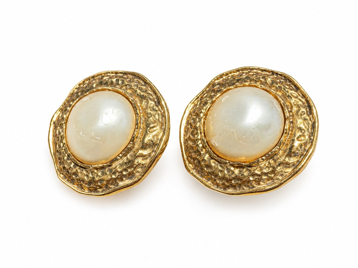 Chanel Vintage Hammered Gold Faux Pearl Clip-On Earrings