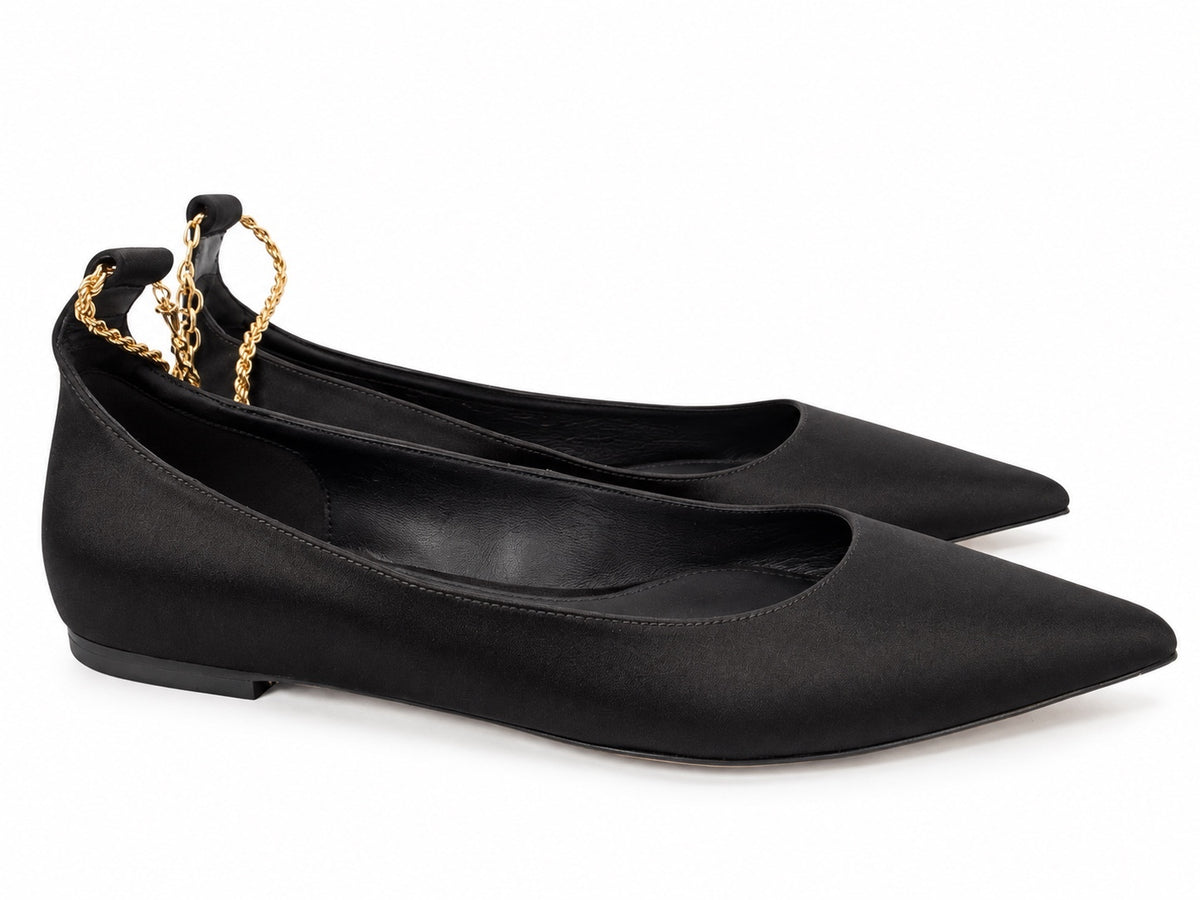 Ferragamo Dada T Black Satin Ankle Chain Ballet Flats EU 37 US 6.5 | NIB