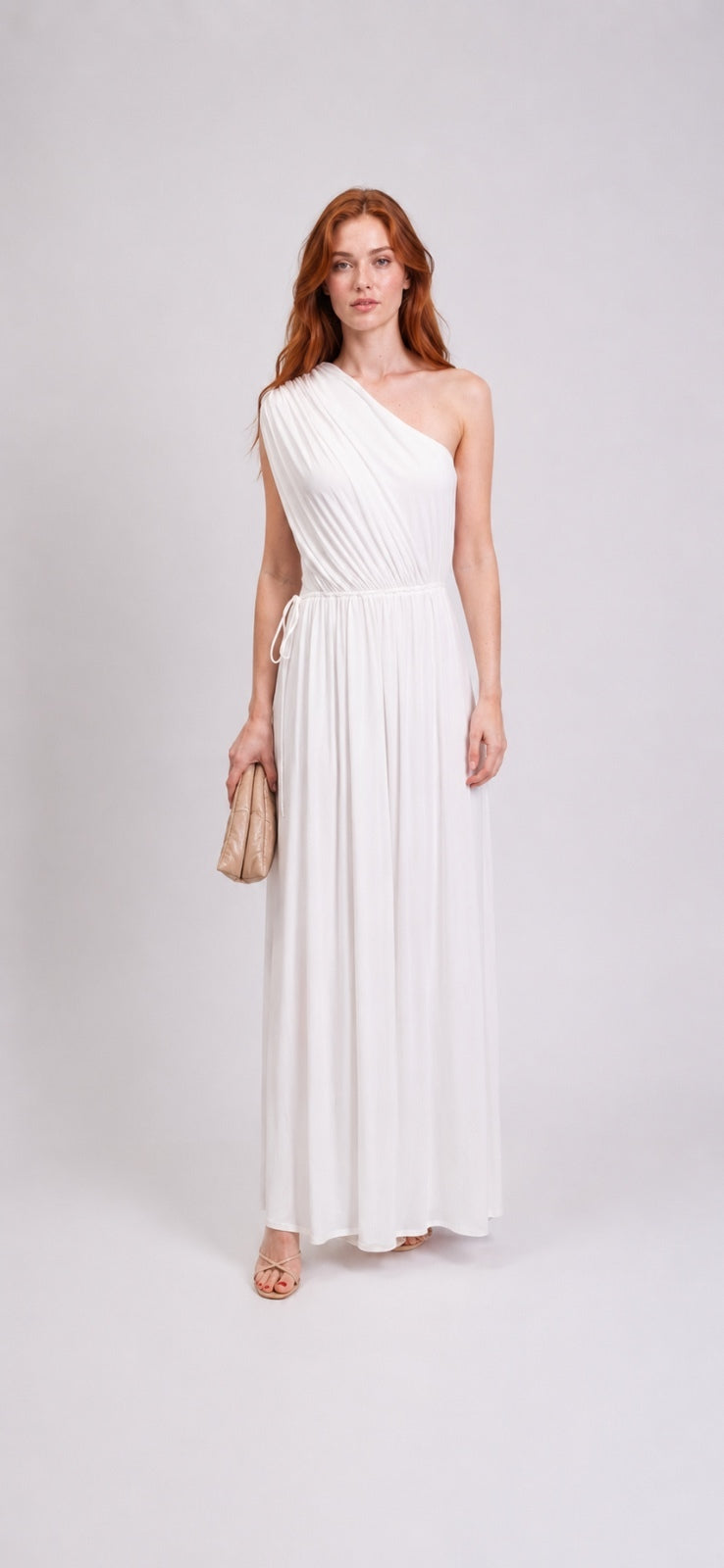 Halston One-Shoulder Draped Cutout Maxi Gown White High Slit US 10 | NWT