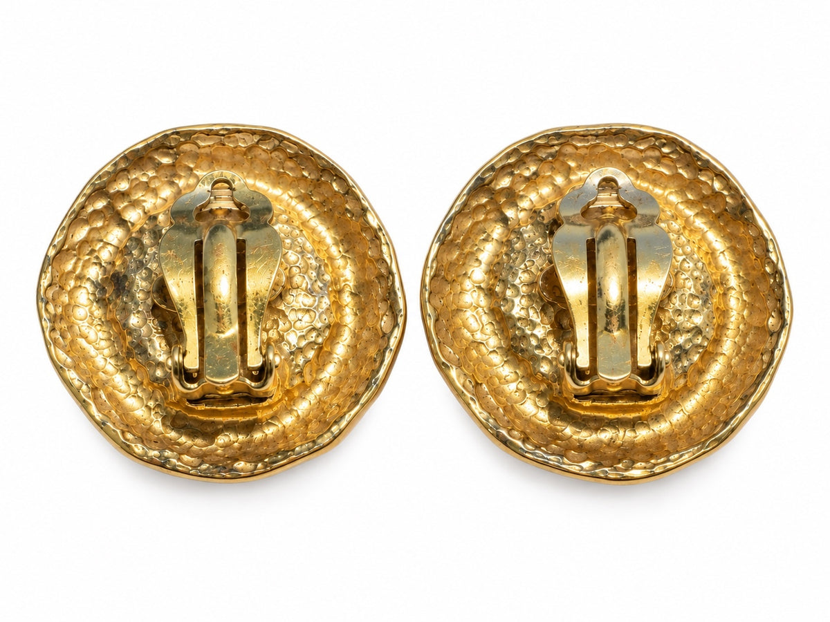 Chanel Vintage Hammered Gold Faux Pearl Clip-On Earrings