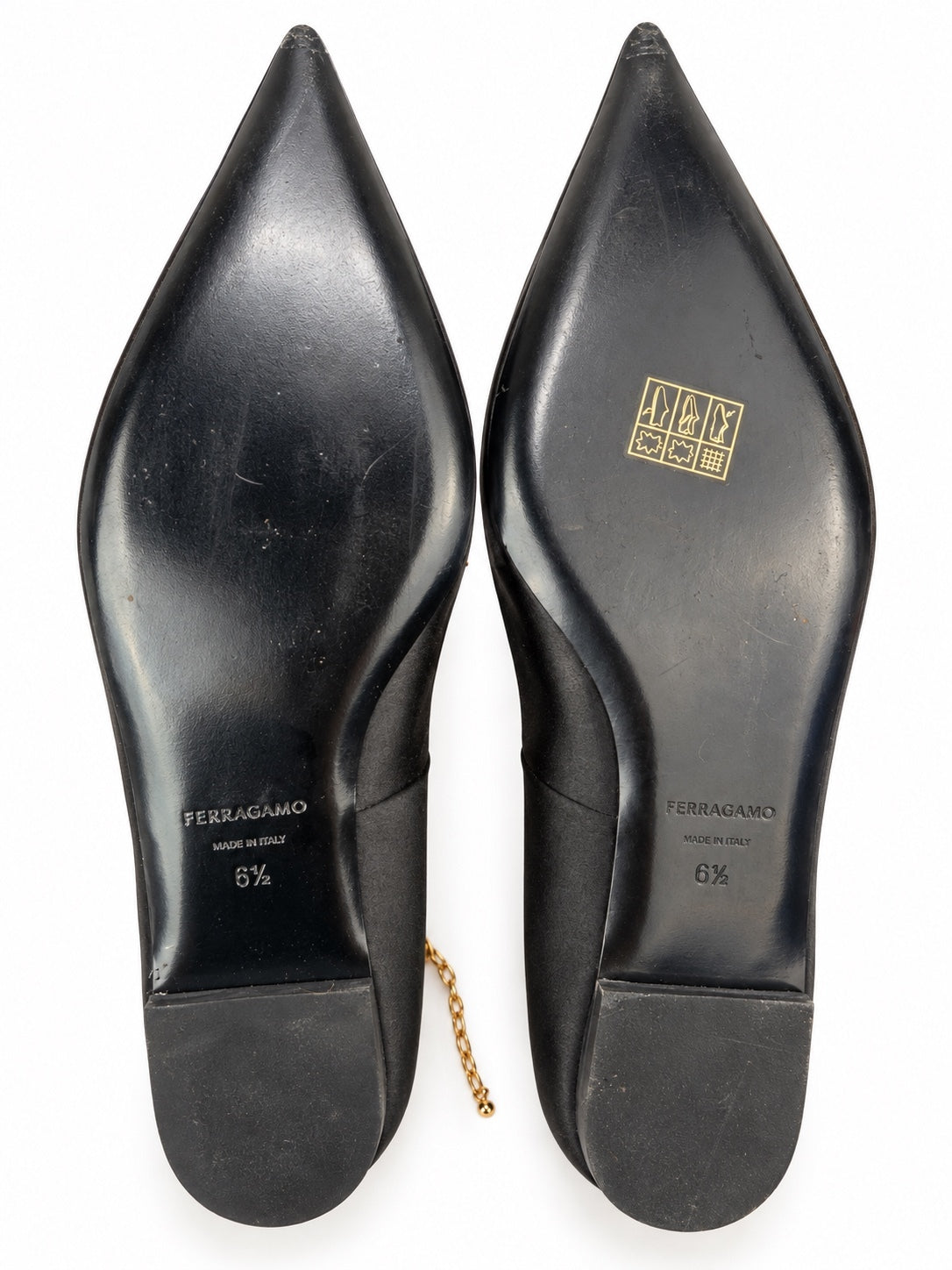 Ferragamo Dada T Black Satin Ankle Chain Ballet Flats EU 37 US 6.5 | NIB