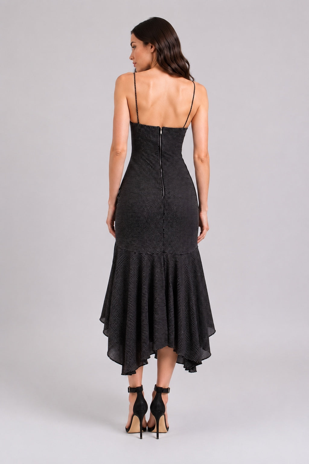Alice + Olivia Ginger Polka Dot Asymmetrical Ruffle Midi Dress Black US 6 | NWT
