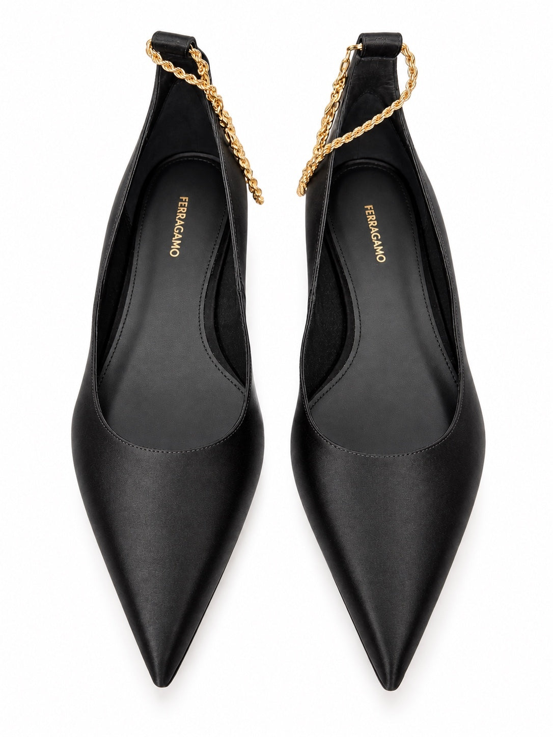 Ferragamo Dada T Black Satin Ankle Chain Ballet Flats EU 37 US 6.5 | NIB