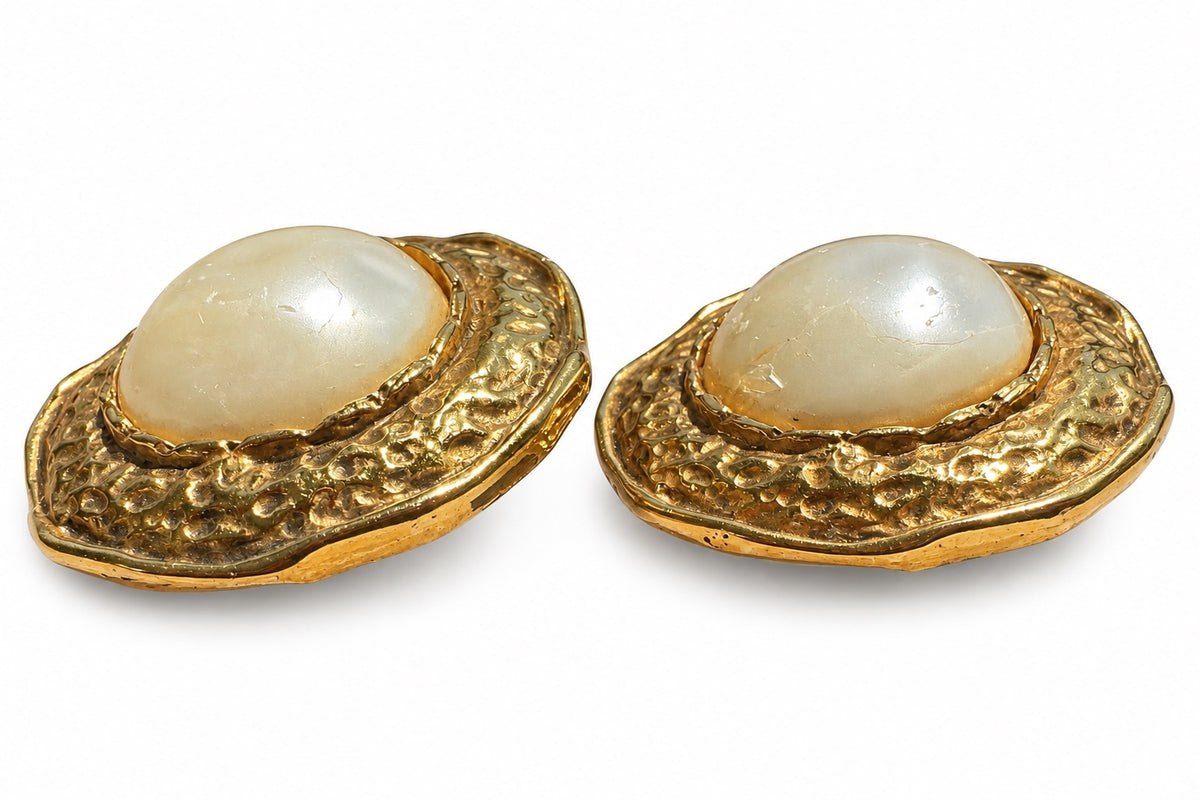Chanel Vintage Hammered Gold Faux Pearl Clip-On Earrings