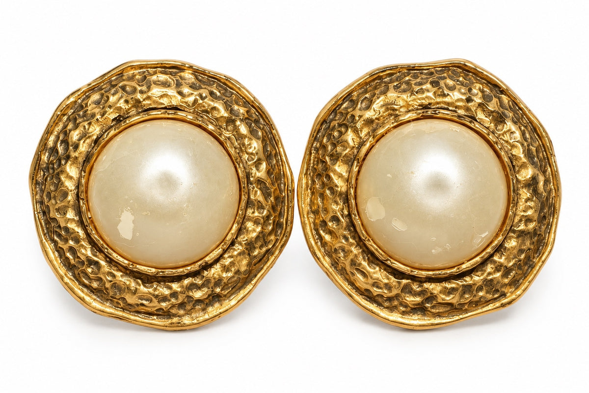 Chanel Vintage Hammered Gold Faux Pearl Clip-On Earrings