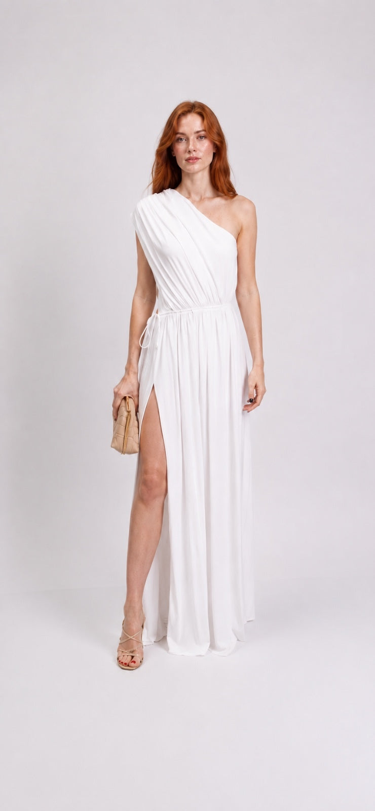 Halston One-Shoulder Draped Cutout Maxi Gown White High Slit US 10 | NWT