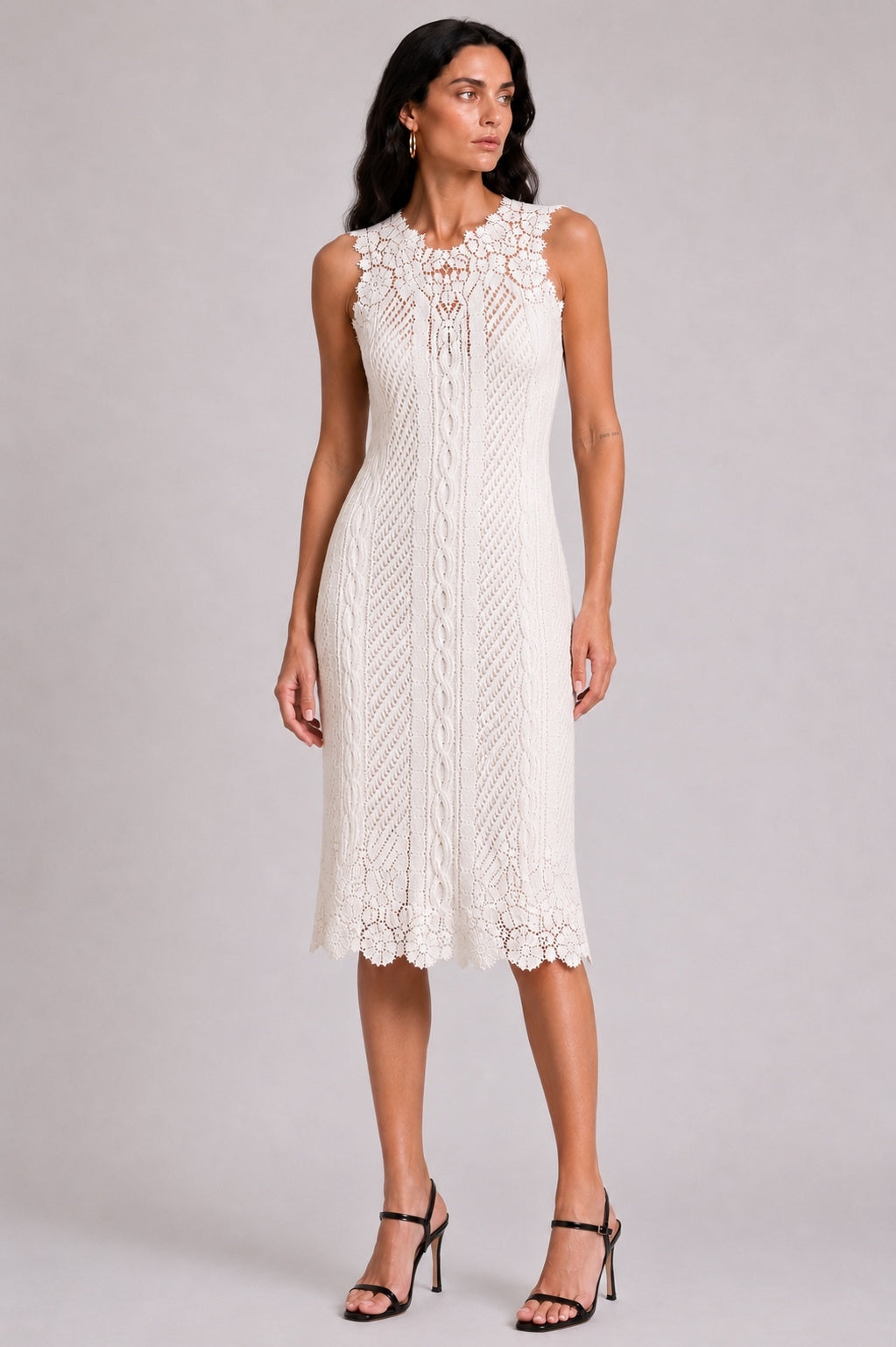 Ermanno Scervino Knit Tulle Lace Pencil Midi Dress Ivory IT 44 US 8 | NWT