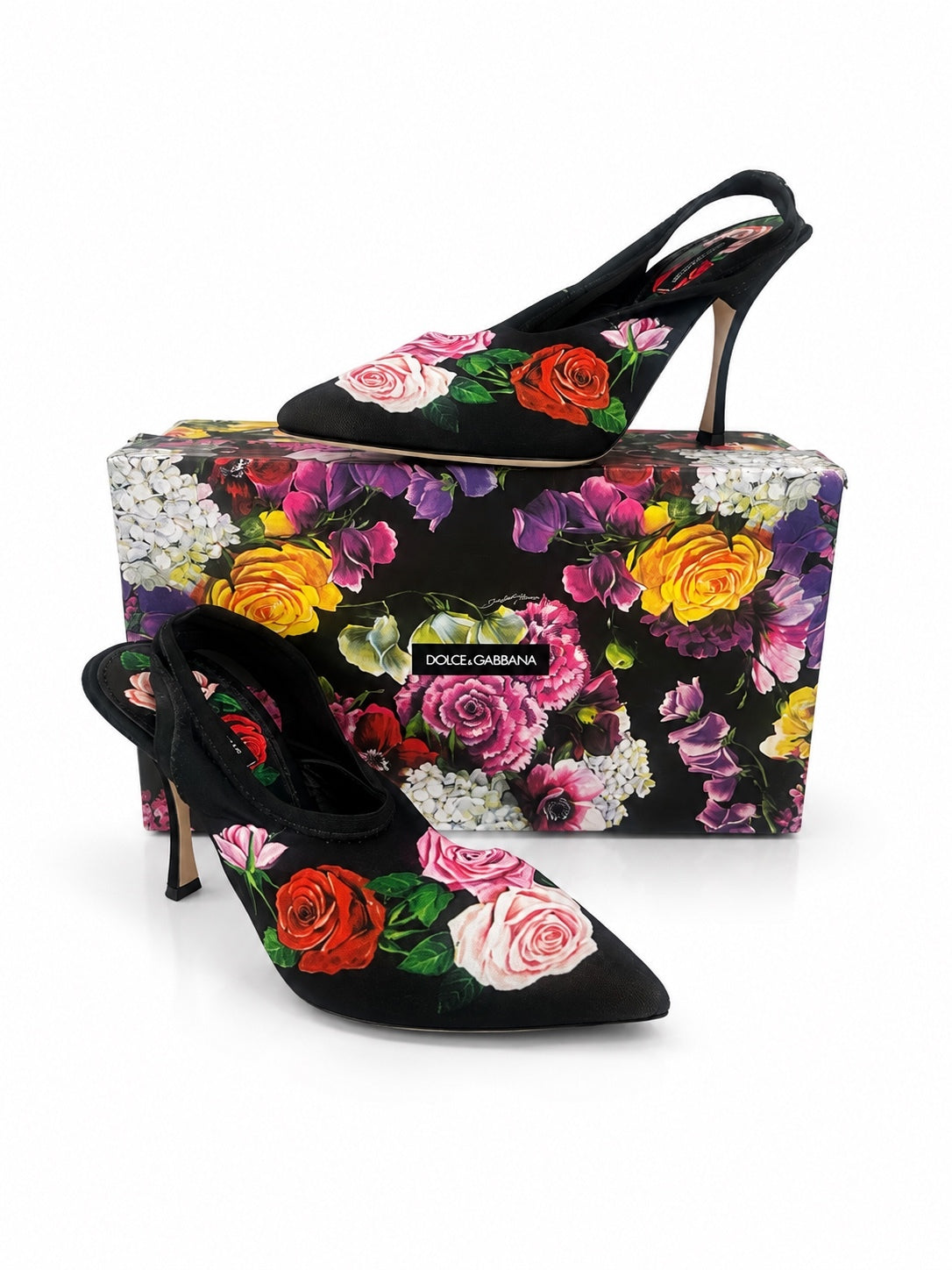 Dolce & Gabbana Rose Floral Jersey Slingback Pump Black EU 39.5 US 9.5 | NIB