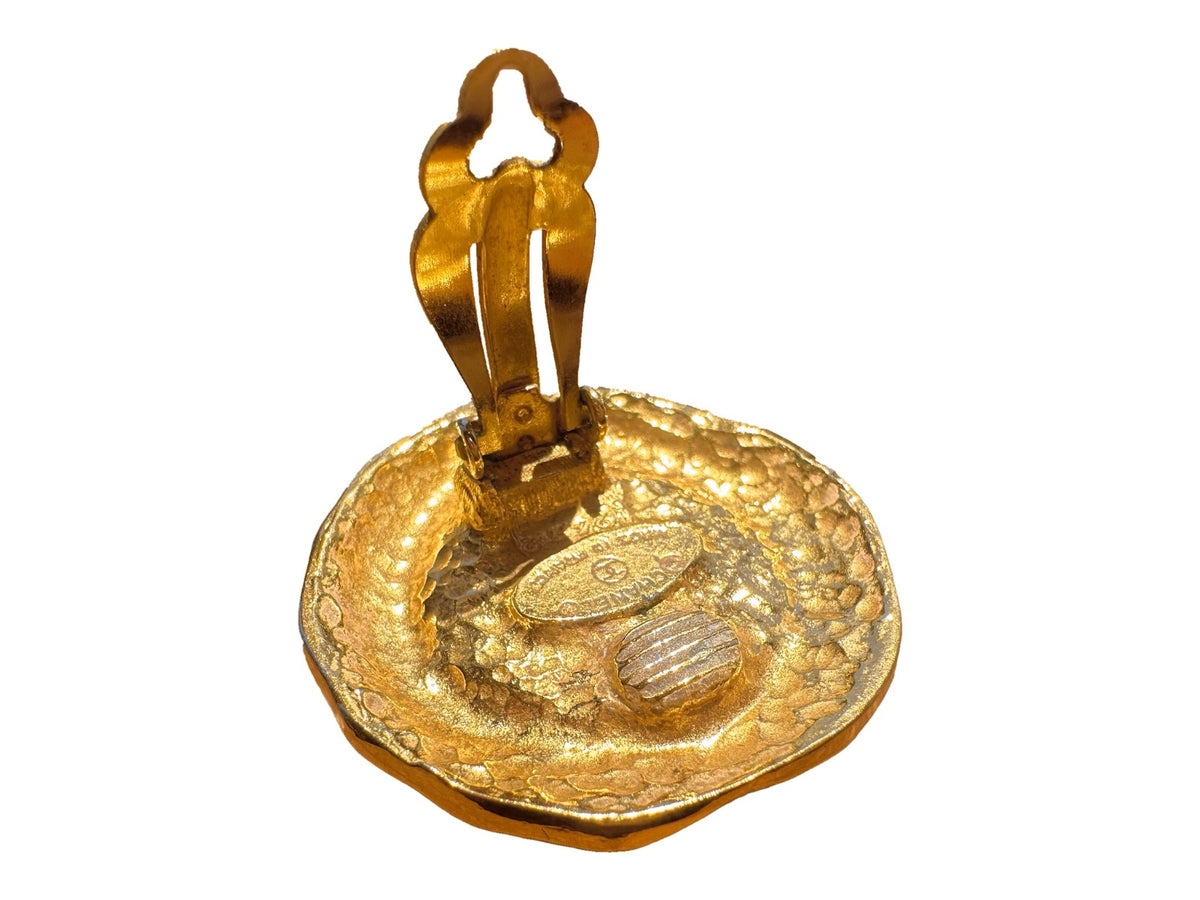 Chanel Vintage Hammered Gold Faux Pearl Clip-On Earrings