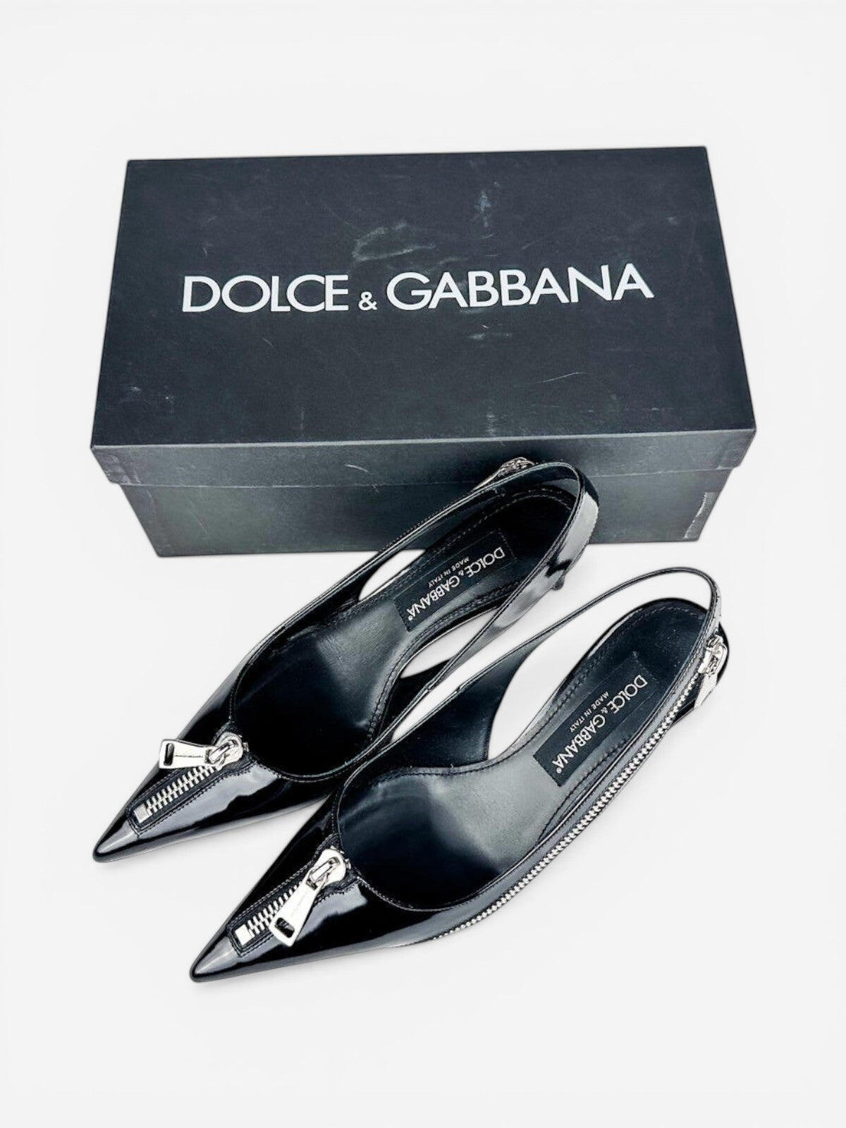 Dolce & Gabbana Dolce & Gabbana Black Patent Slingback Pumps Zip Detail EU 39 | NIB - Vestir