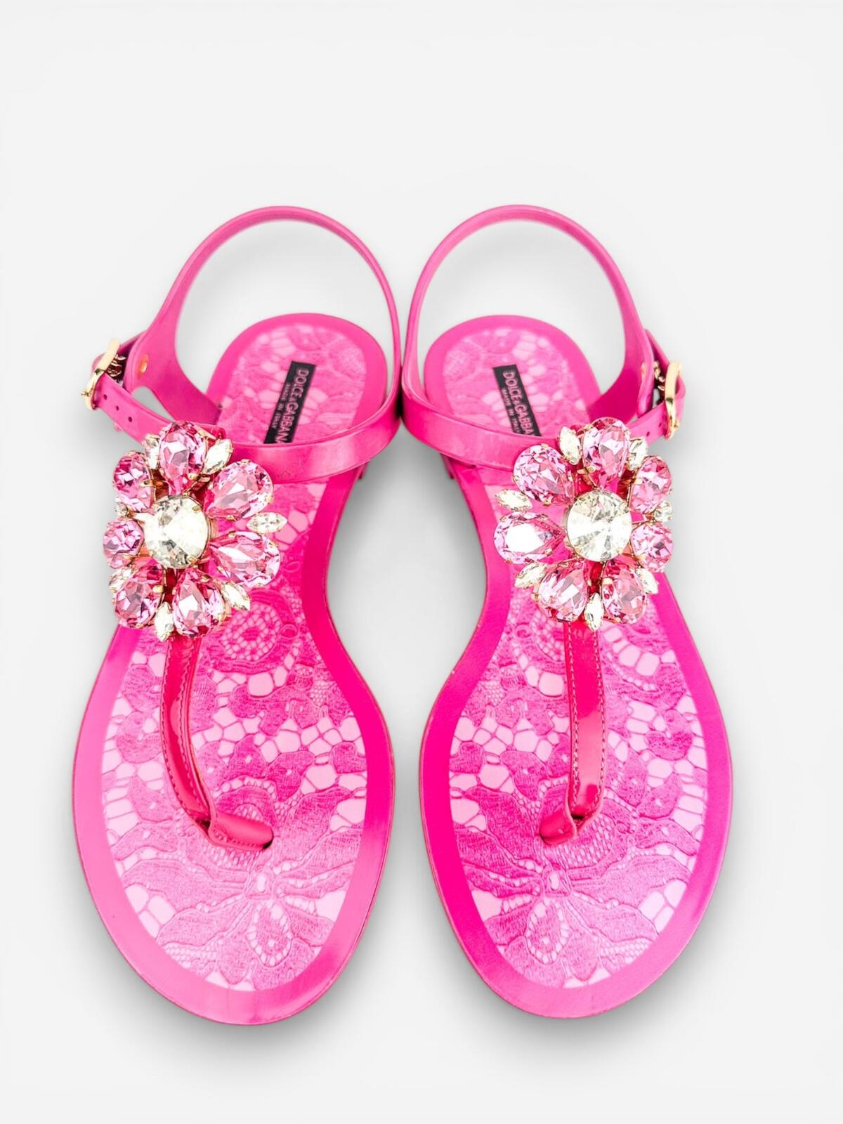 Dolce & Gabbana Dolce & Gabbana Fuchsia Crystal Flat Sandal Lace Print Footbed EU 36 US 6 New - Vestir