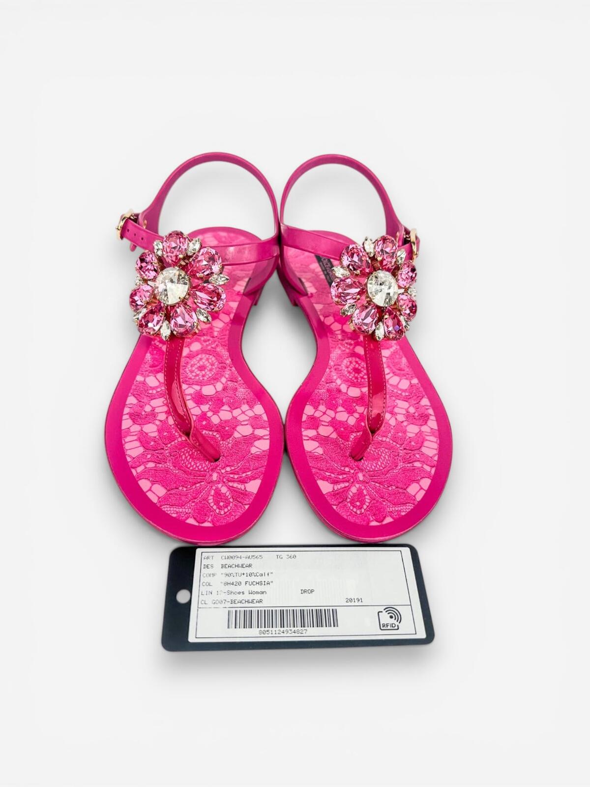 Dolce & Gabbana Dolce & Gabbana Fuchsia Crystal Flat Sandal Lace Print Footbed EU 36 US 6 New - Vestir