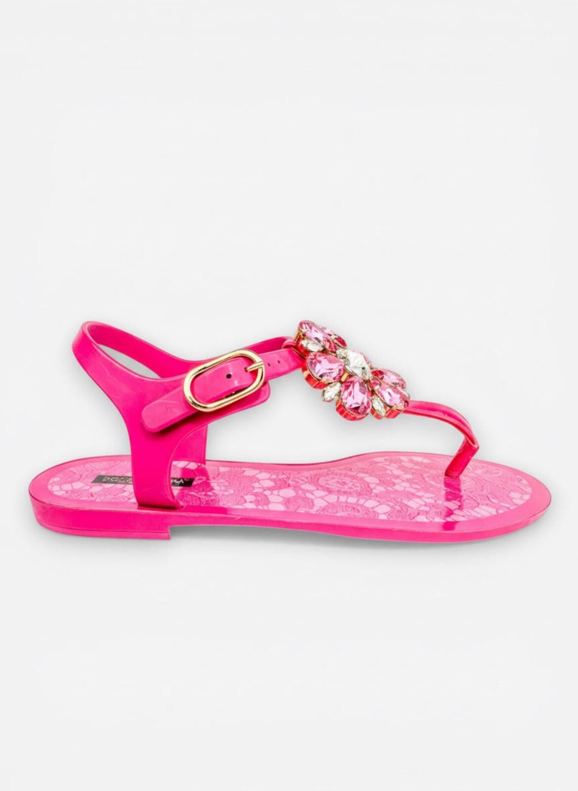 Dolce & Gabbana Dolce & Gabbana Fuchsia Crystal Flat Sandal Lace Print Footbed EU 36 US 6 New - Vestir