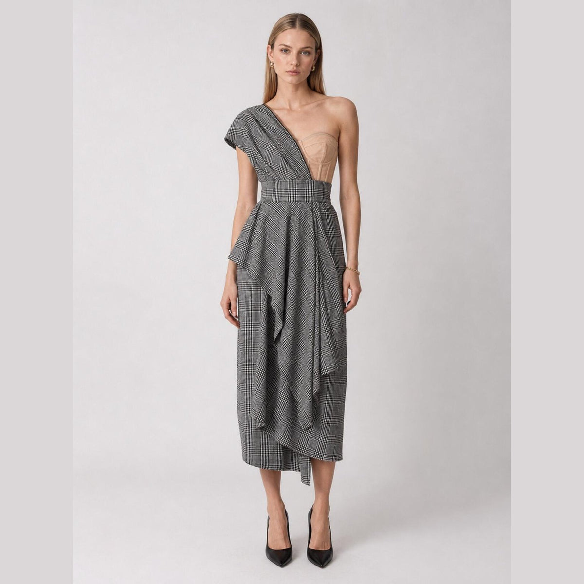 Dolce & Gabbana Glen Plaid One-Shoulder Bustier Midi Dress – view 2
