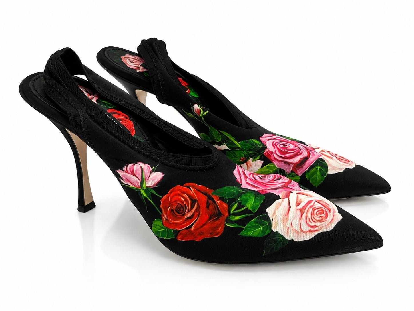 Dolce & Gabbana Dolce & Gabbana Rose Floral Jersey Slingback Pump Black EU 39.5 US 9.5 | NIB - Vestir
