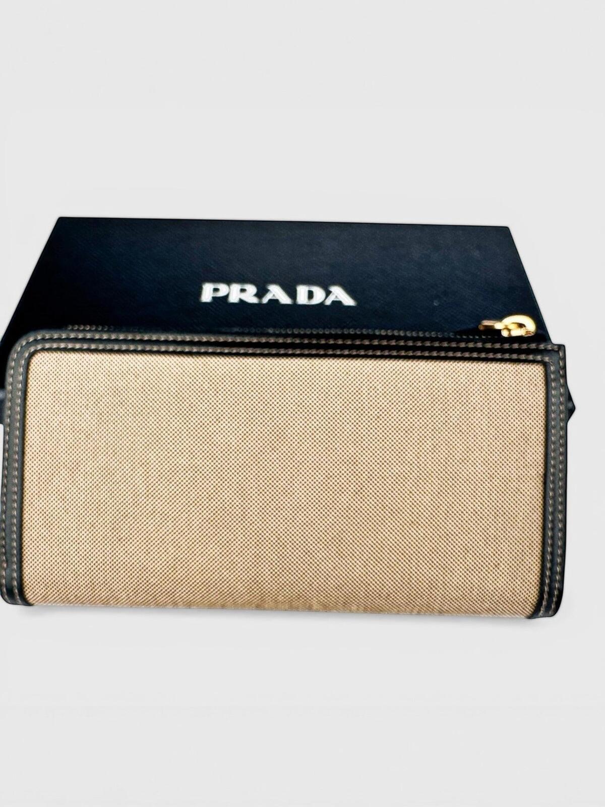 Prada Logo Jacquard Canvas Leather Zip-Around Wallet Beige Black | NWT