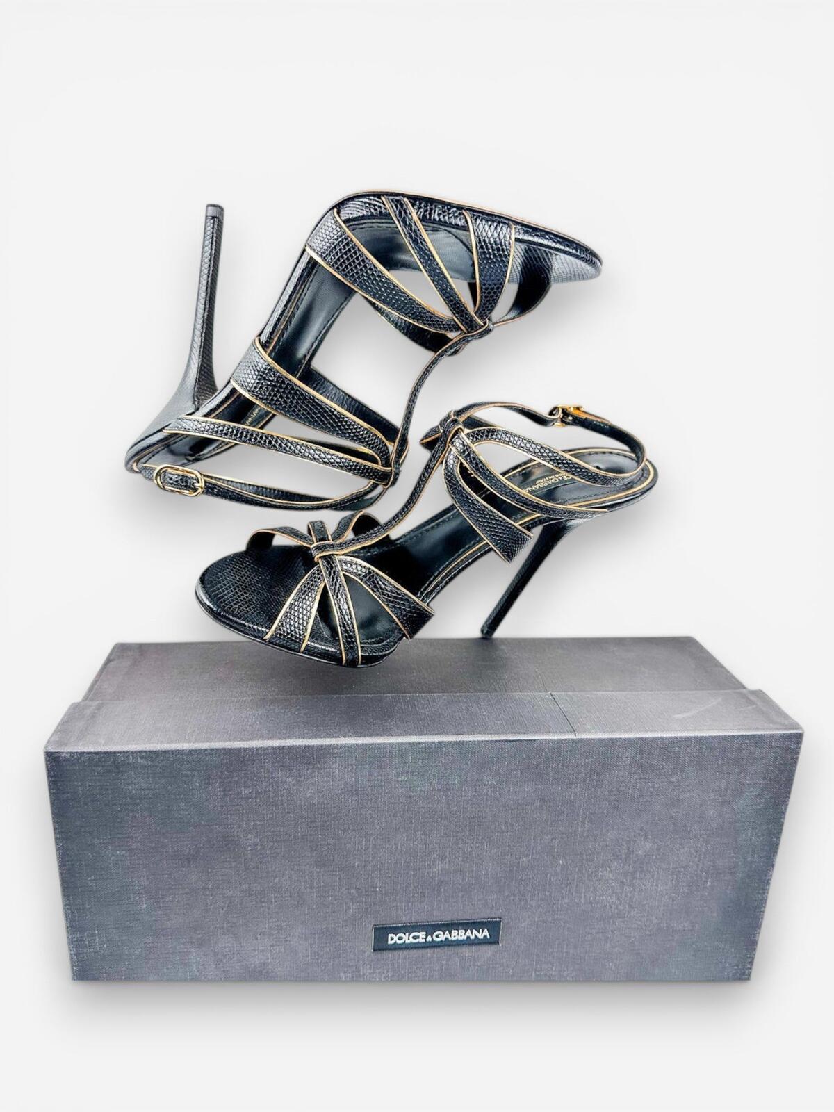 Dolce & Gabbana Black Gold Embossed Calfskin Ankle Strap Stiletto EU 39 | NWT