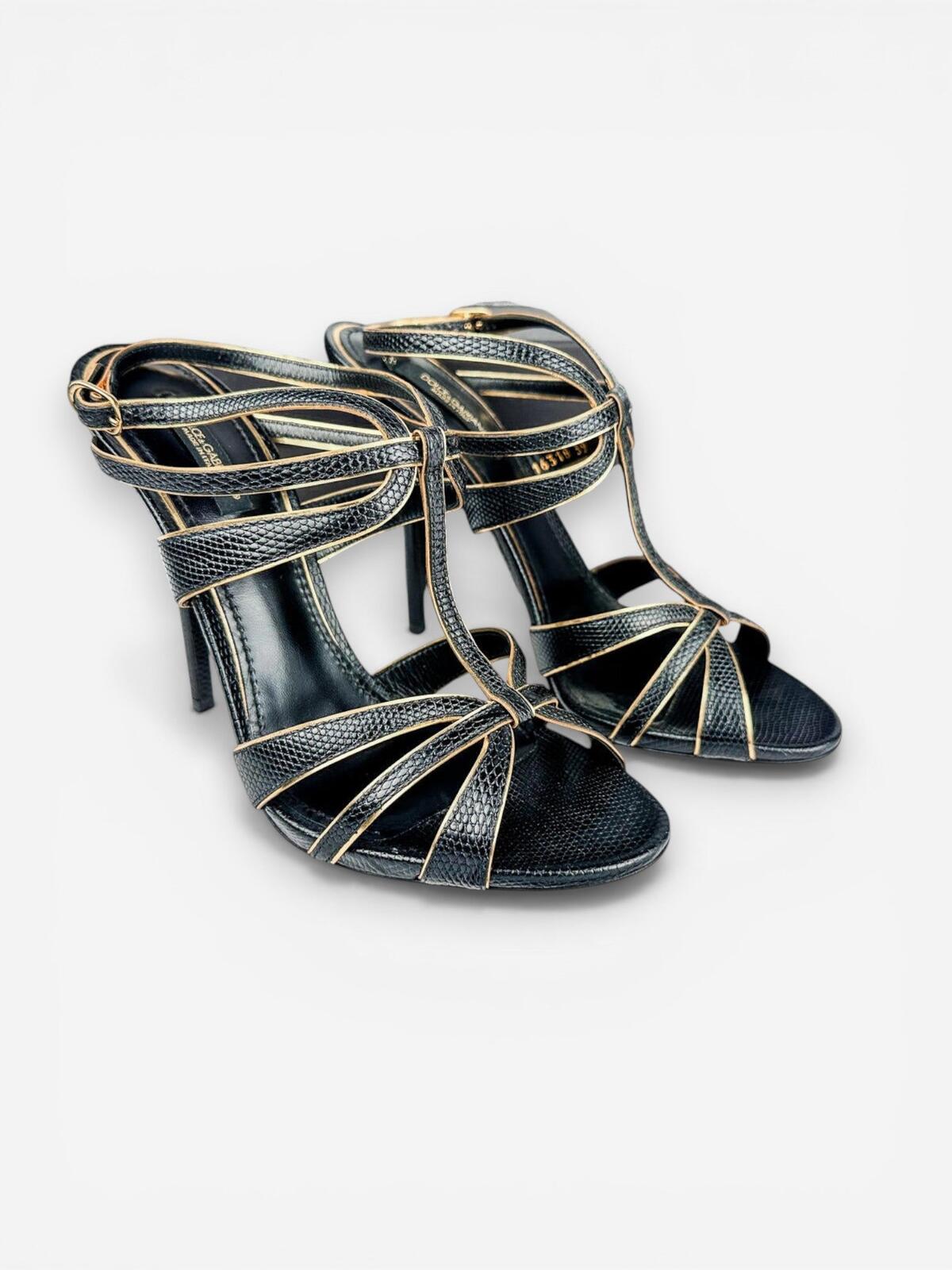 Dolce & Gabbana Black Gold Embossed Calfskin Ankle Strap Stiletto EU 39 | NWT