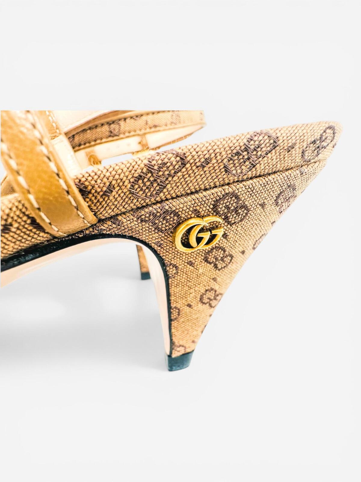 Gucci GG Marmont Canvas Slingback Pump Beige Ebony Gold EU 36 US 6 – view 4