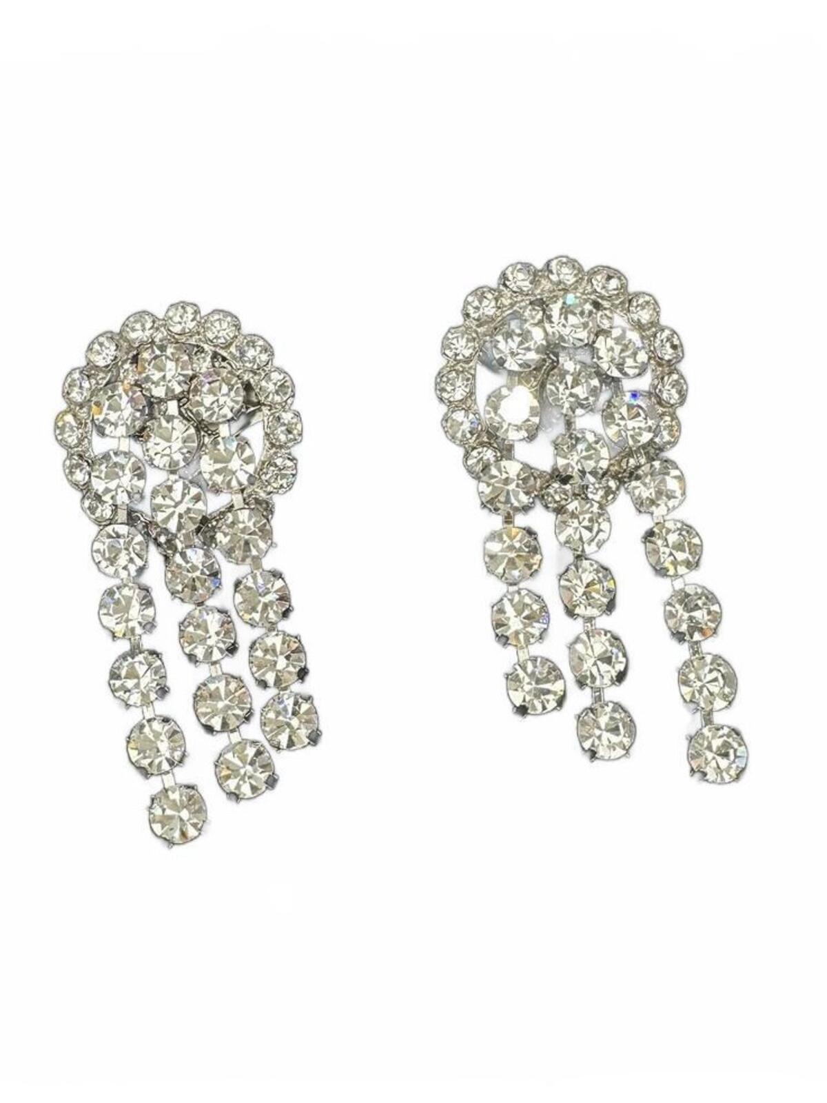 Alessandra Rich Crystal Cascade Drop Clip-On Earrings Silver 3” | NWT Box